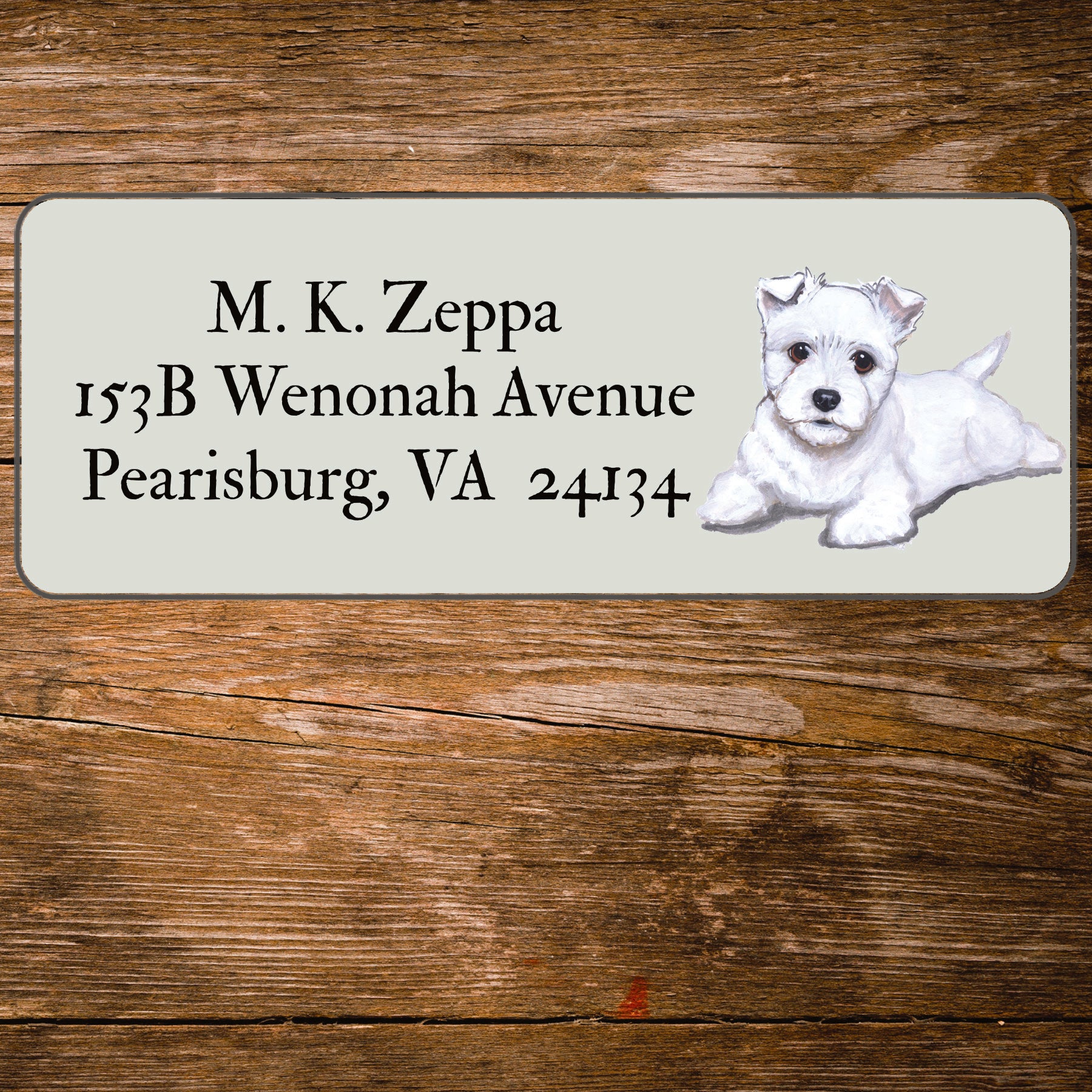 Return address label with a West Highland White Terrier  illustration.