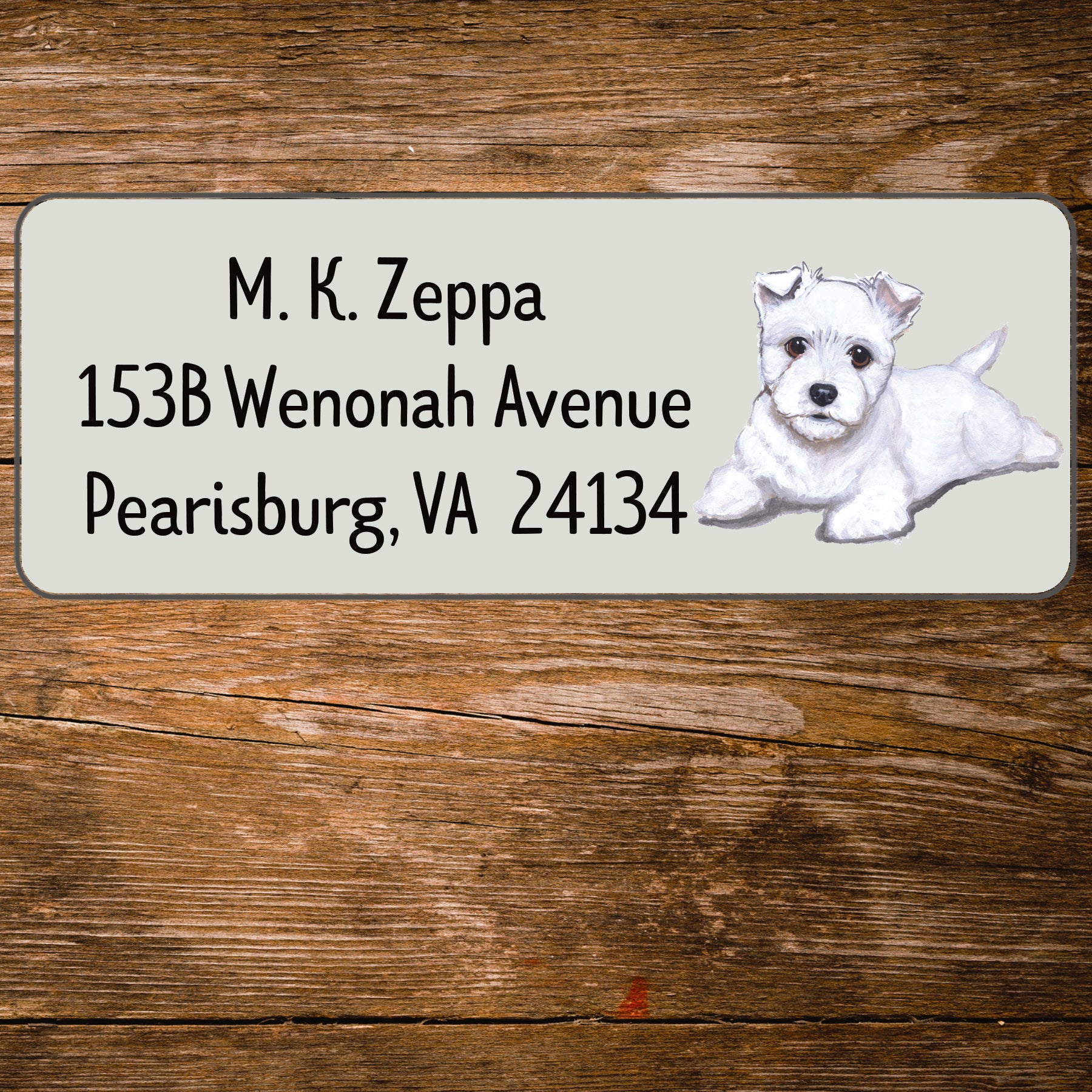Return address label with a West Highland White Terrier  illustration.