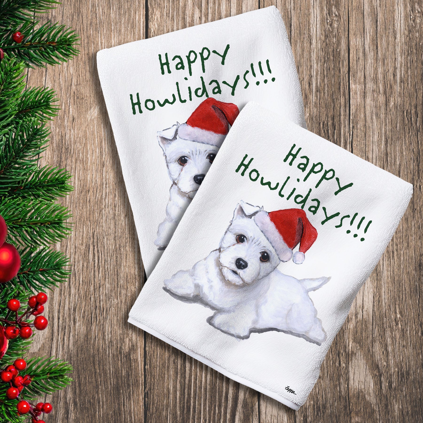 2 Kitchen Towels with a West Highland White Terrier puppy in a Santa Hat and Happy Howlidays text.