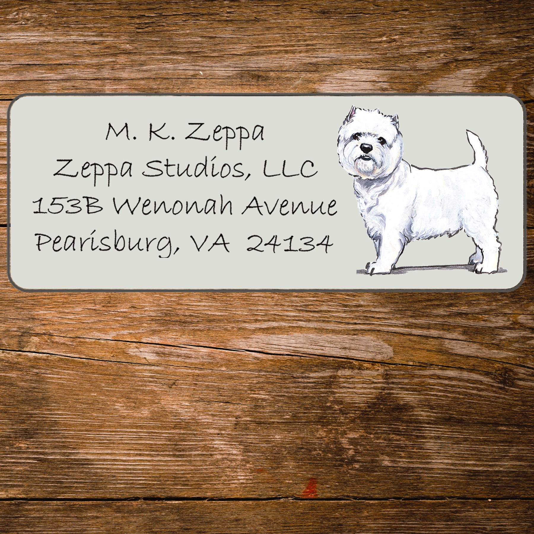 Return address label with a West Highland White Terrier  illustration.