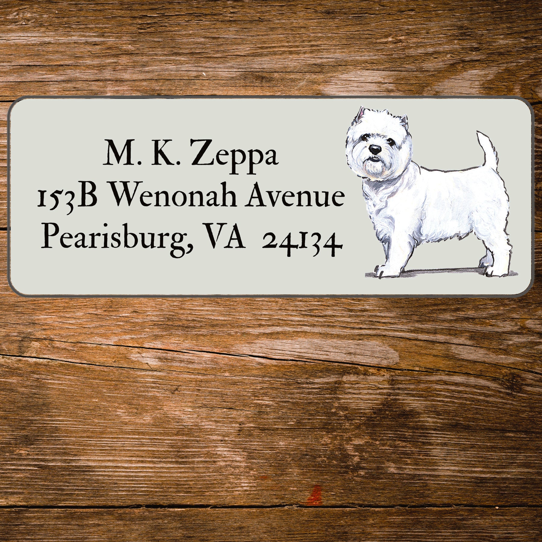 Return address label with a West Highland White Terrier  illustration.