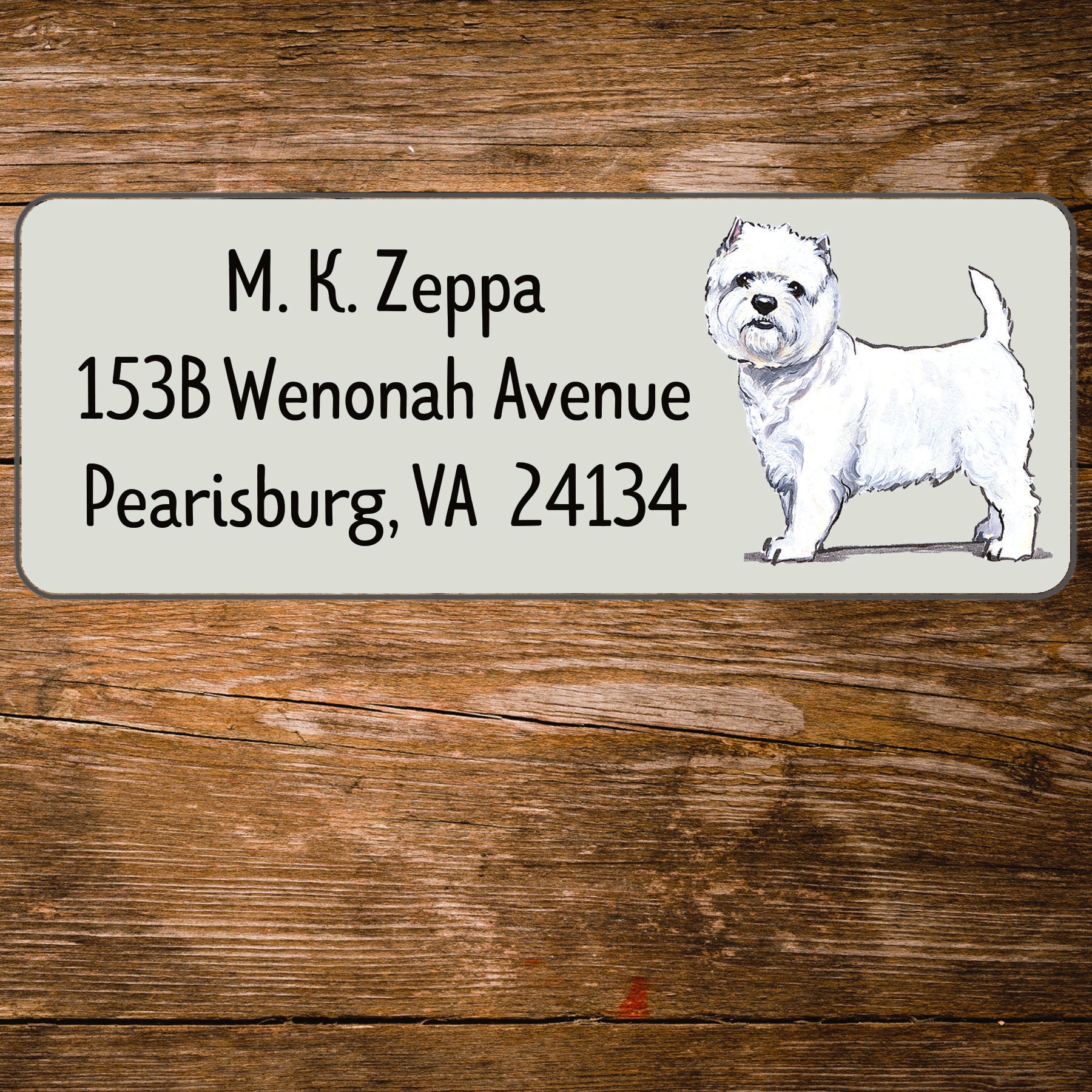 Return address label with a West Highland White Terrier  illustration.