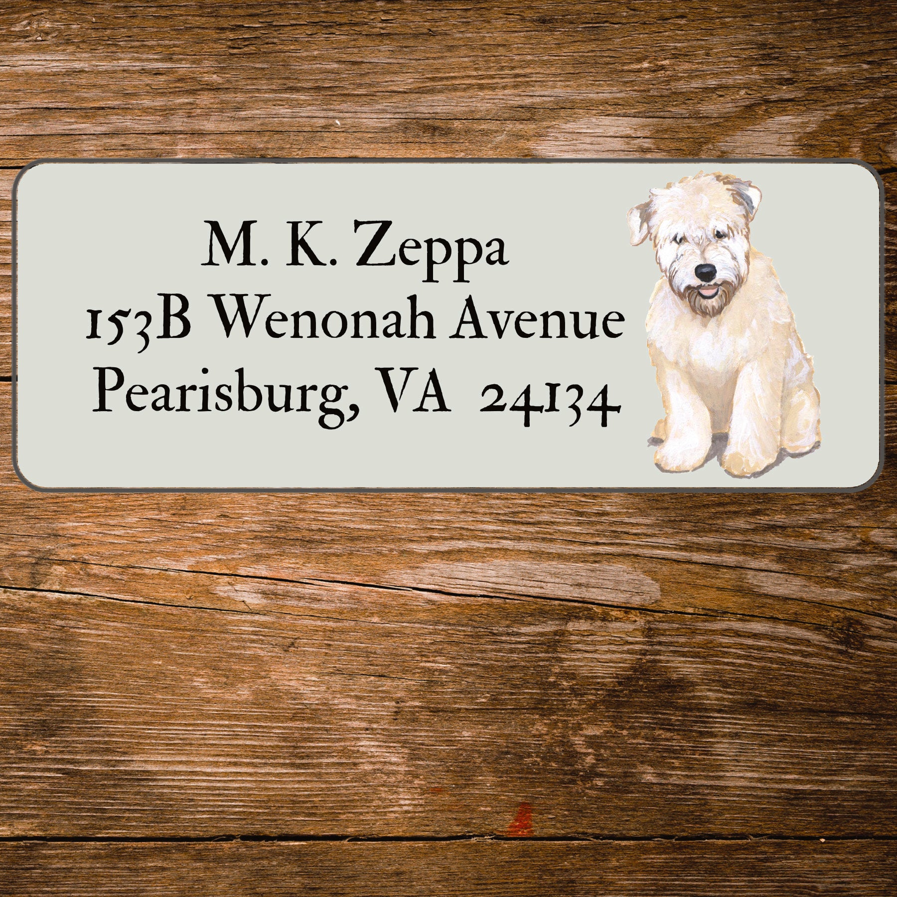 Return address label with a Soft Coated Wheaten Terrier  illustration.