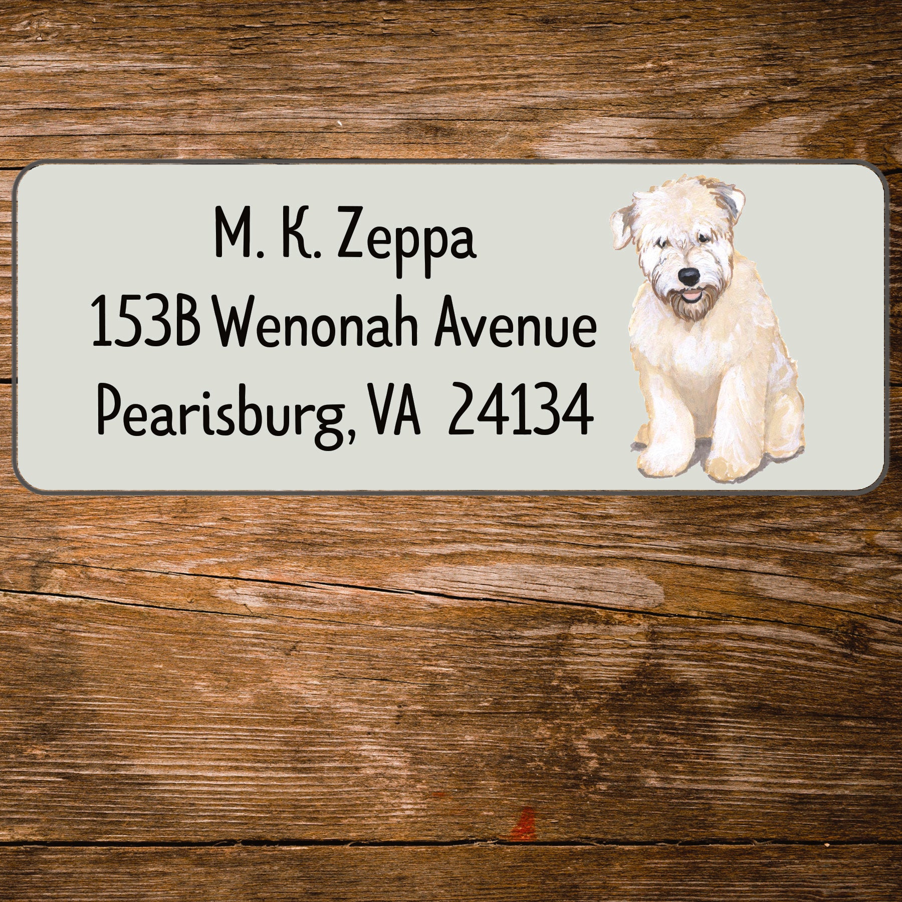 Return address label with a Soft Coated Wheaten Terrier  illustration.