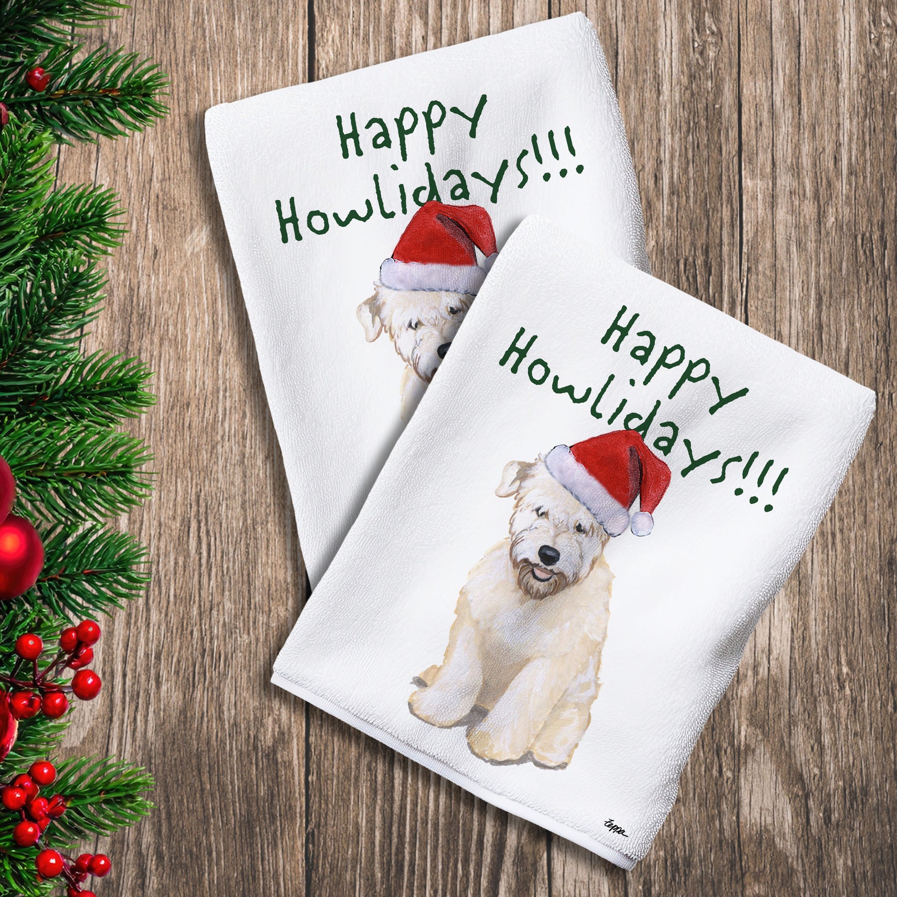 2 Kitchen Towels with a Wheaten Terrier Puppy in a Santa Hat and Happy Howlidays text.