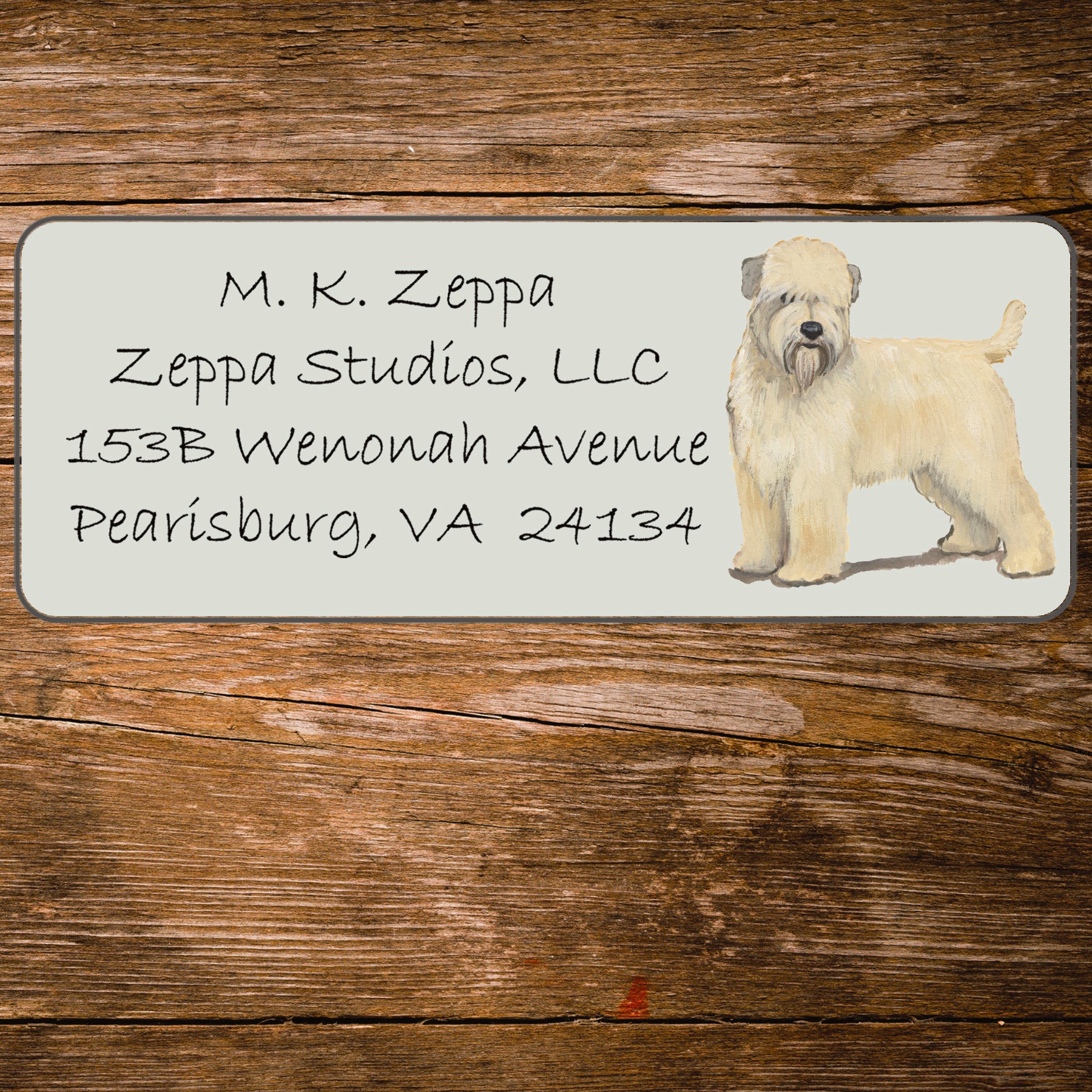 Return address label with a Soft Coated Wheaten Terrier  illustration.