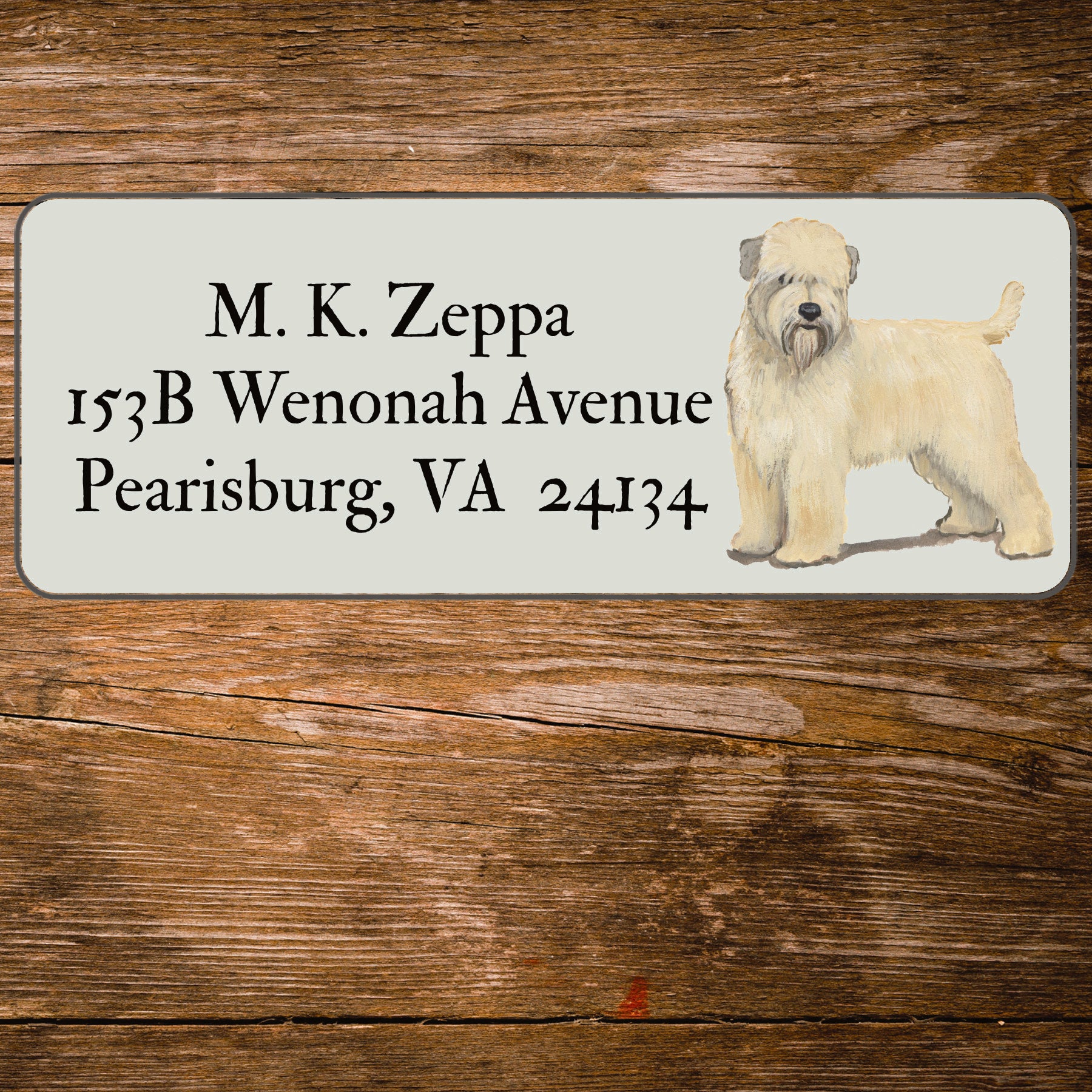 Return address label with a Soft Coated Wheaten Terrier  illustration.