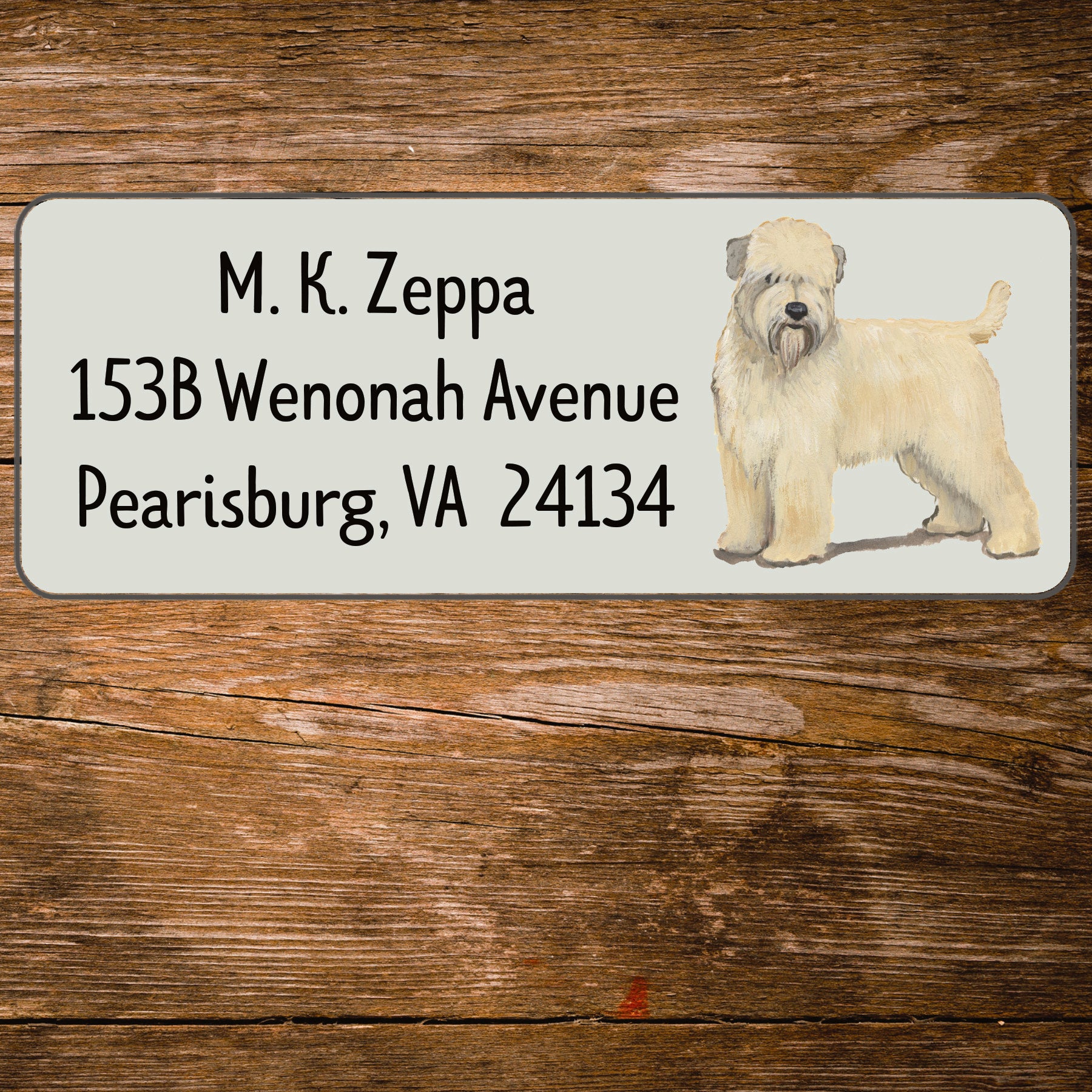 Return address label with a Soft Coated Wheaten Terrier  illustration.