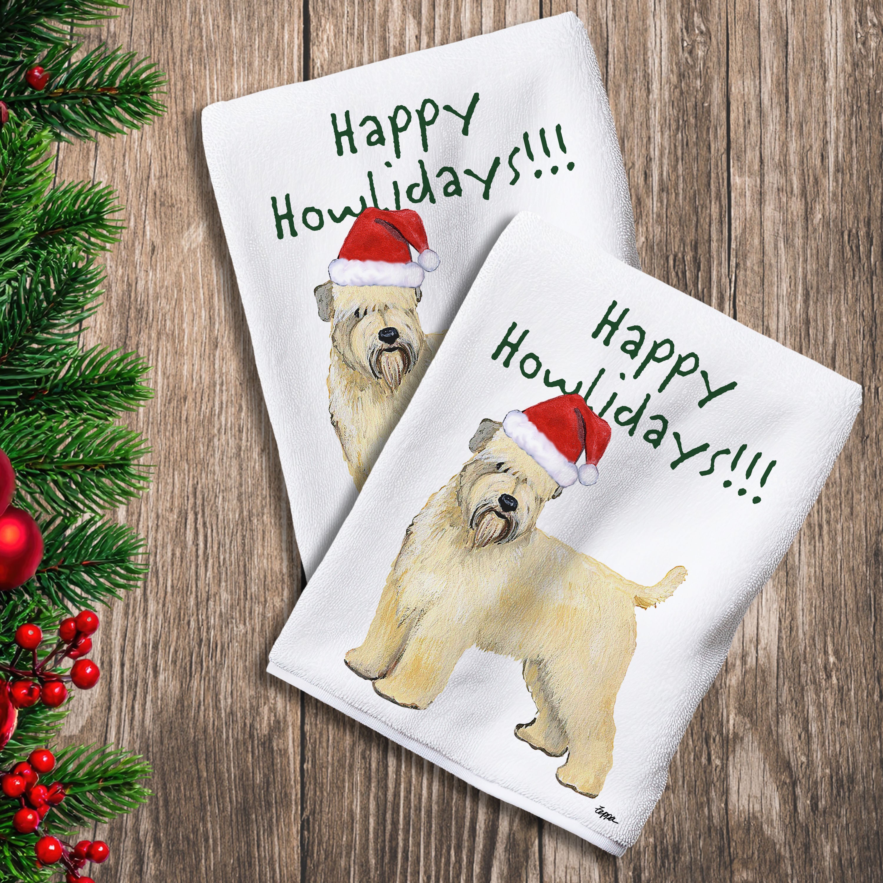 2 Kitchen Towels with a Wheaten Terrier in a Santa Hat and Happy Howlidays text.
