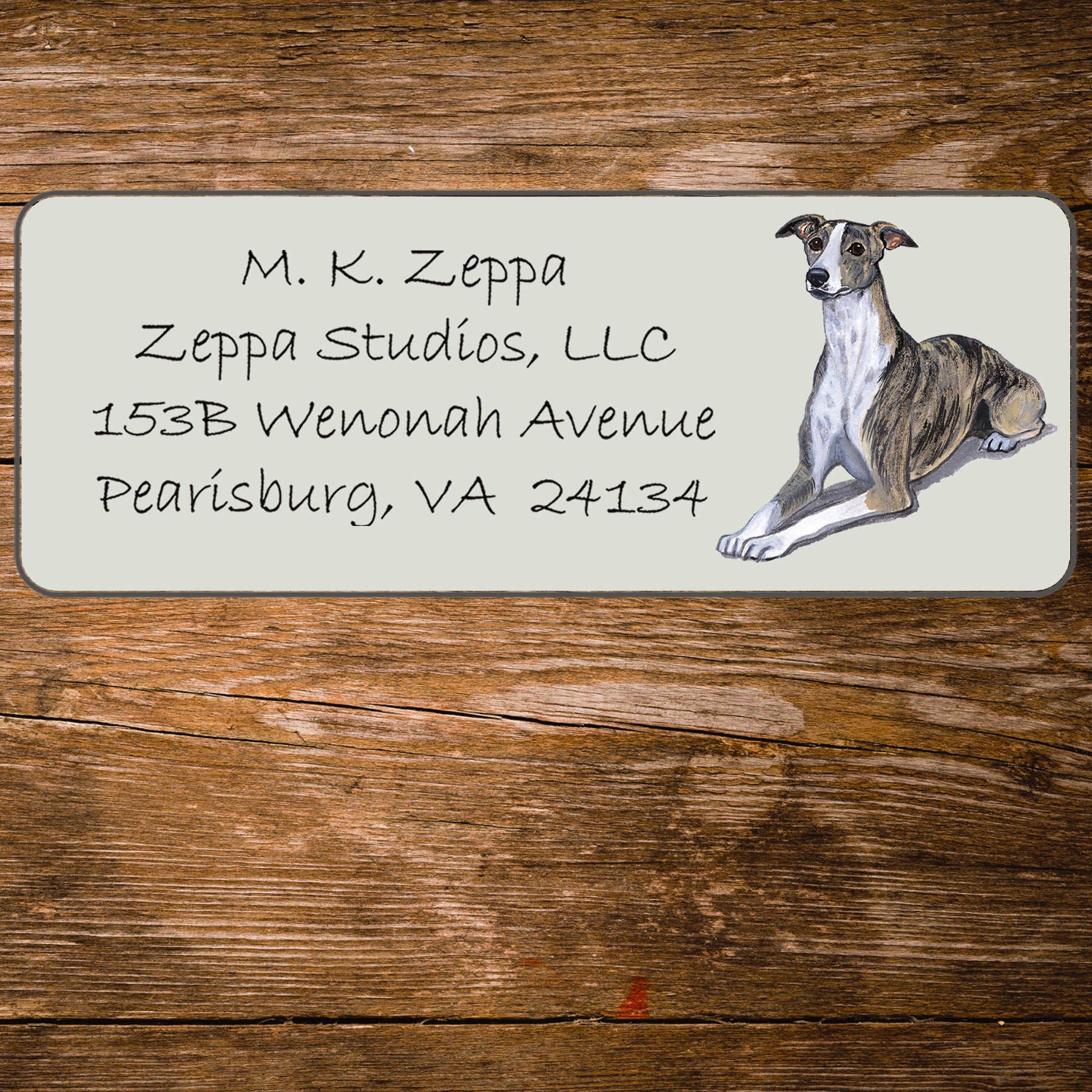 Return address label with a Whippet  illustration.