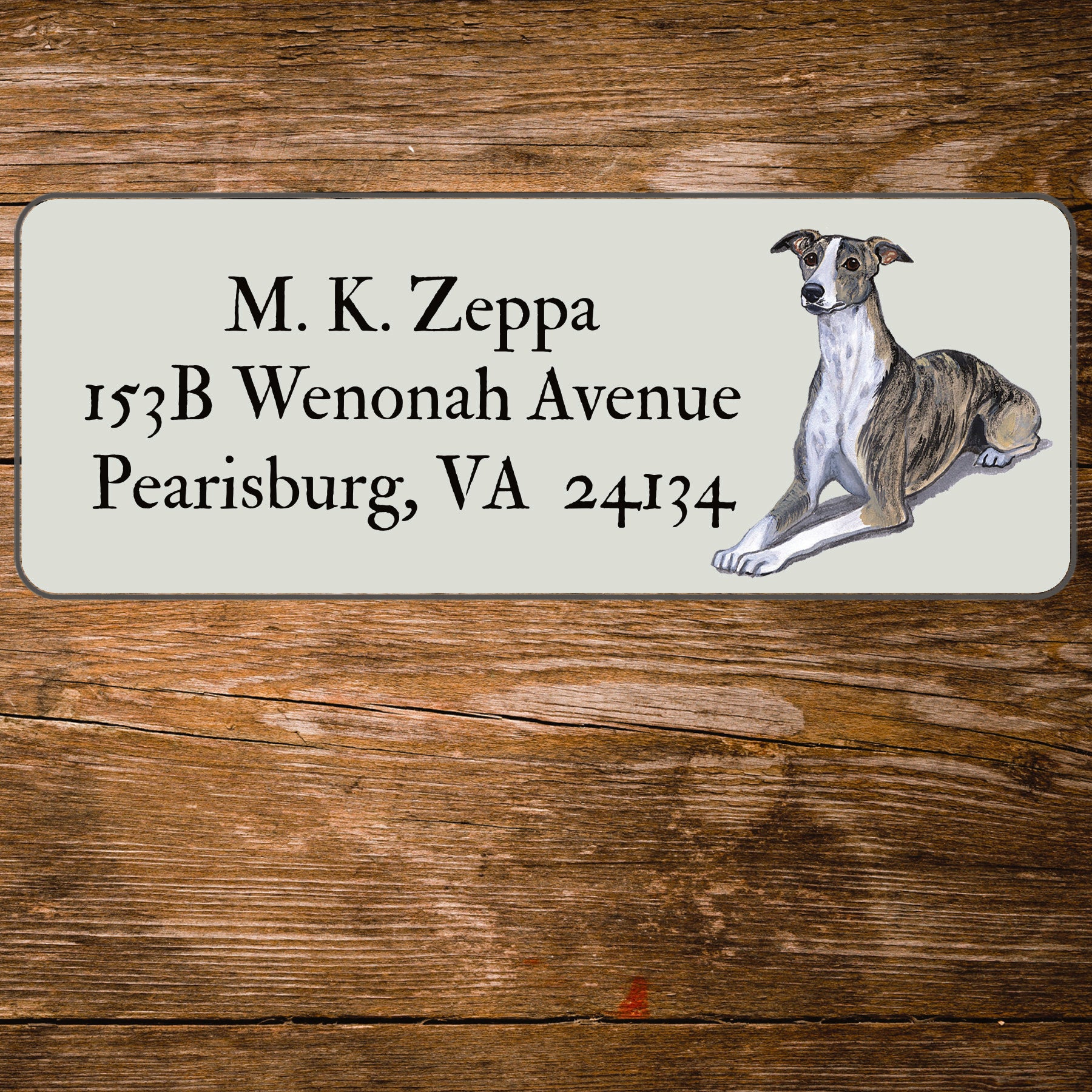Return address label with a Whippet  illustration.