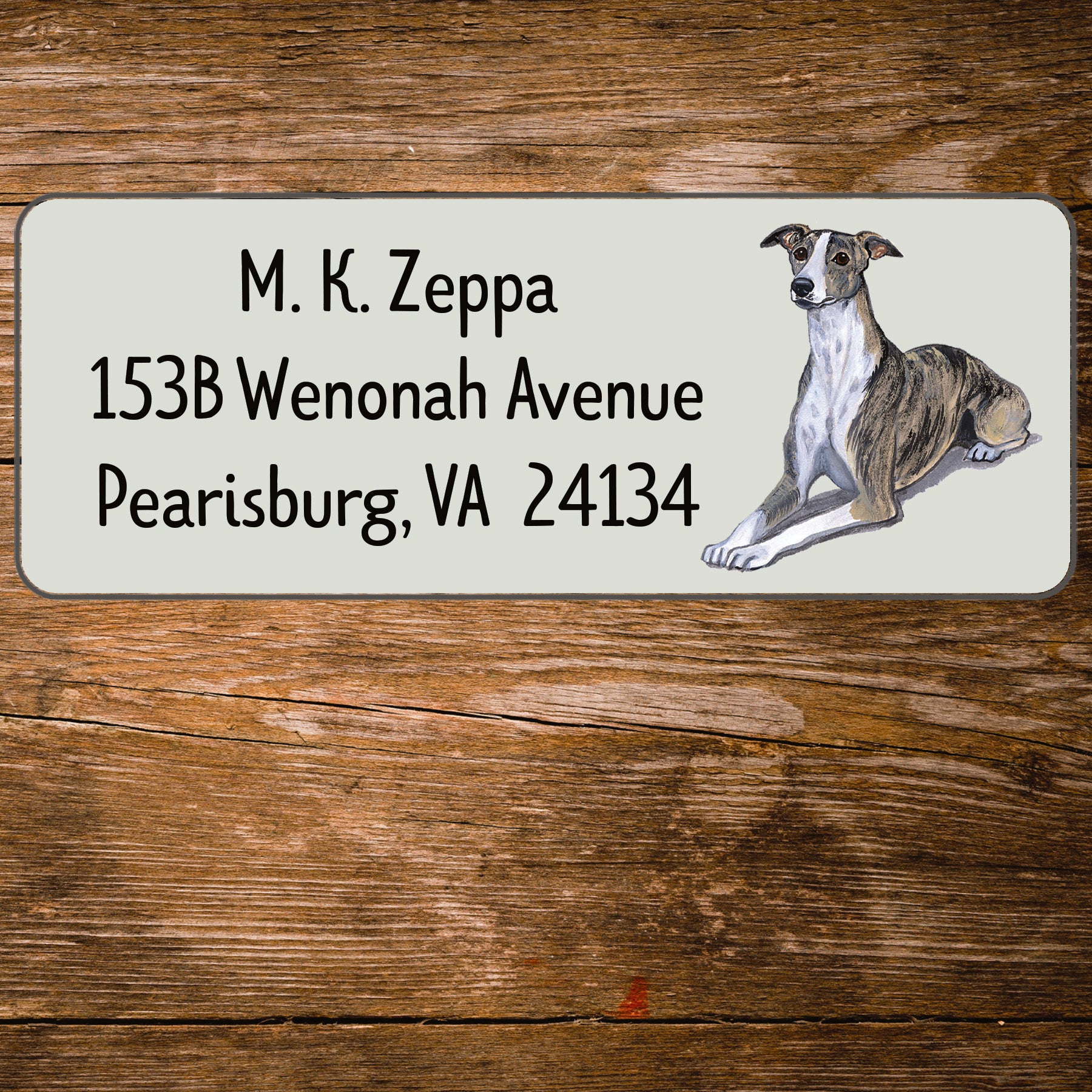 Return address label with a Whippet  illustration.