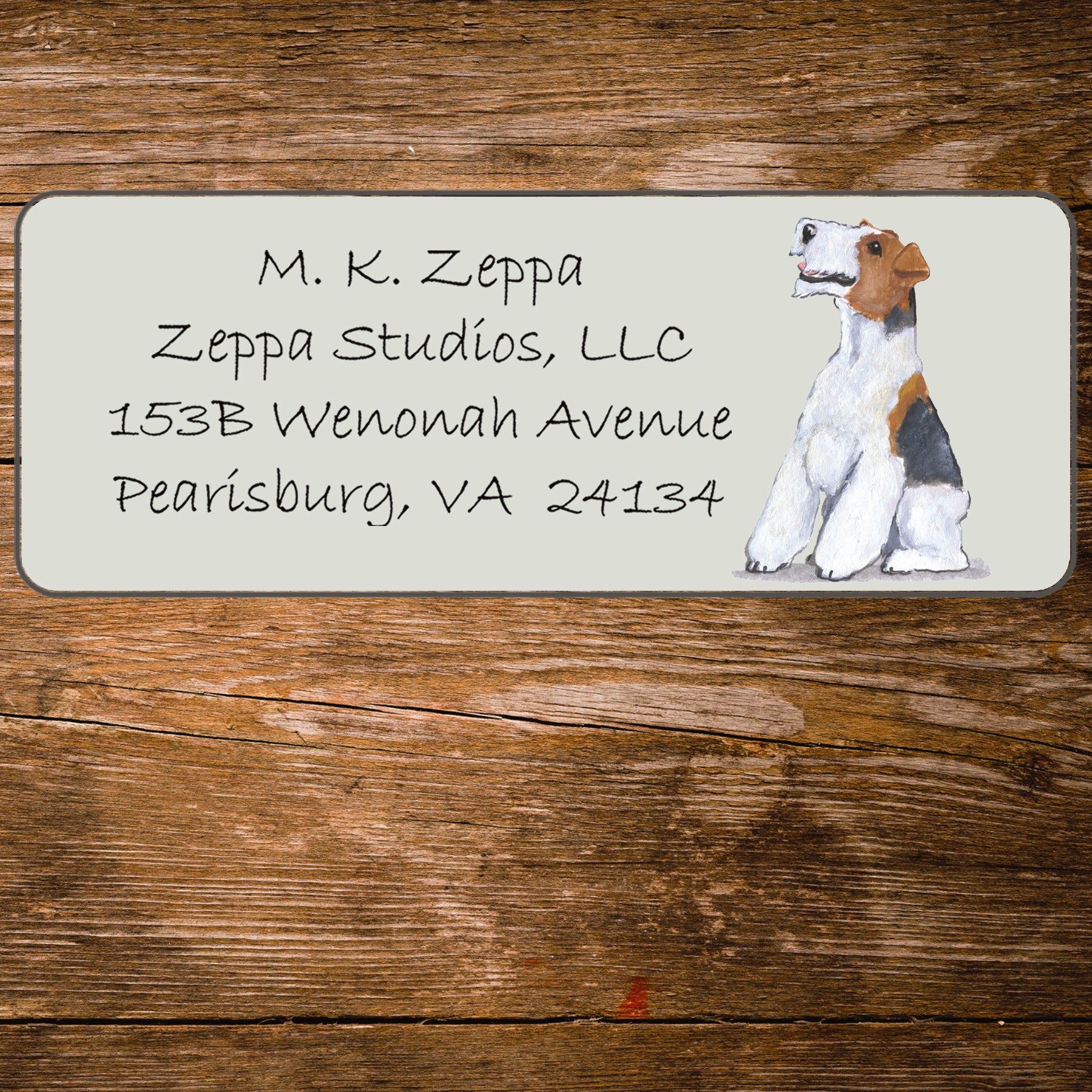 Return address label with a Wire Fox Terrier illustration.