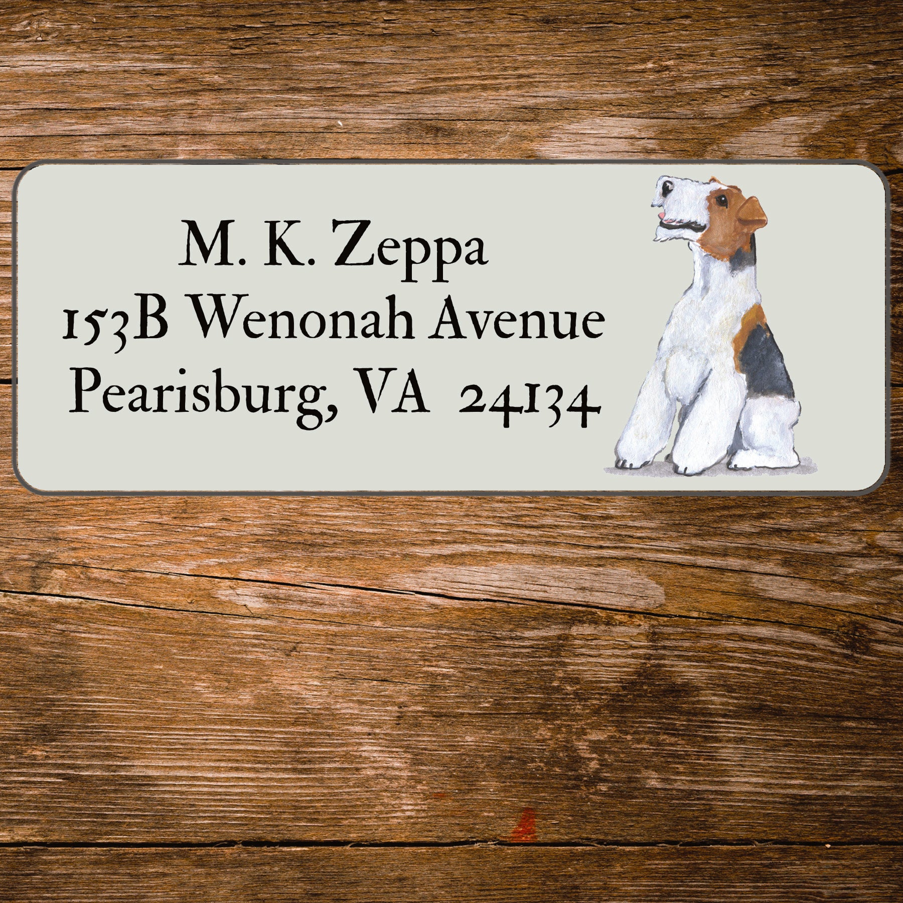 Return address label with a Wire Fox Terrier illustration.