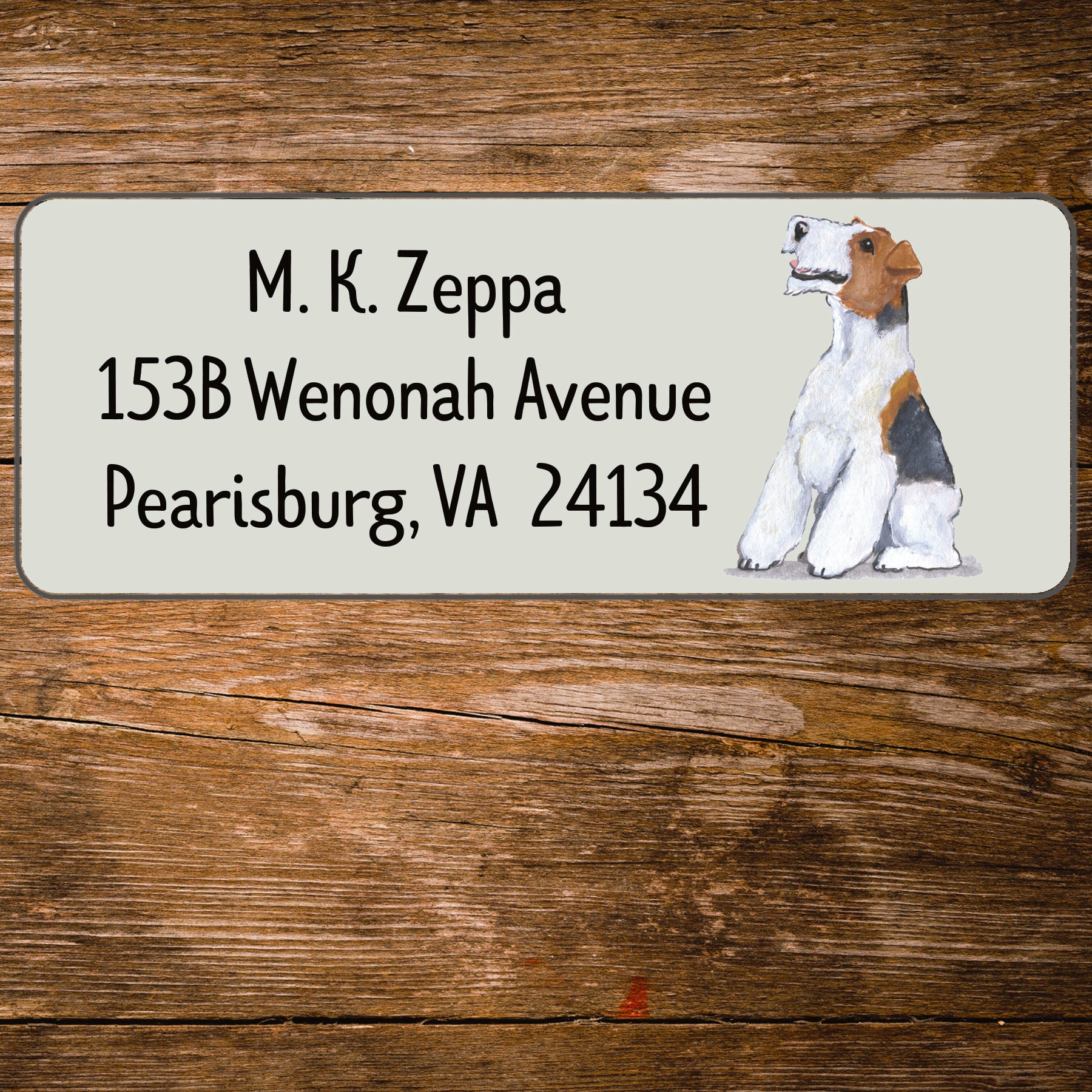 Return address label with a Wire Fox Terrier illustration.
