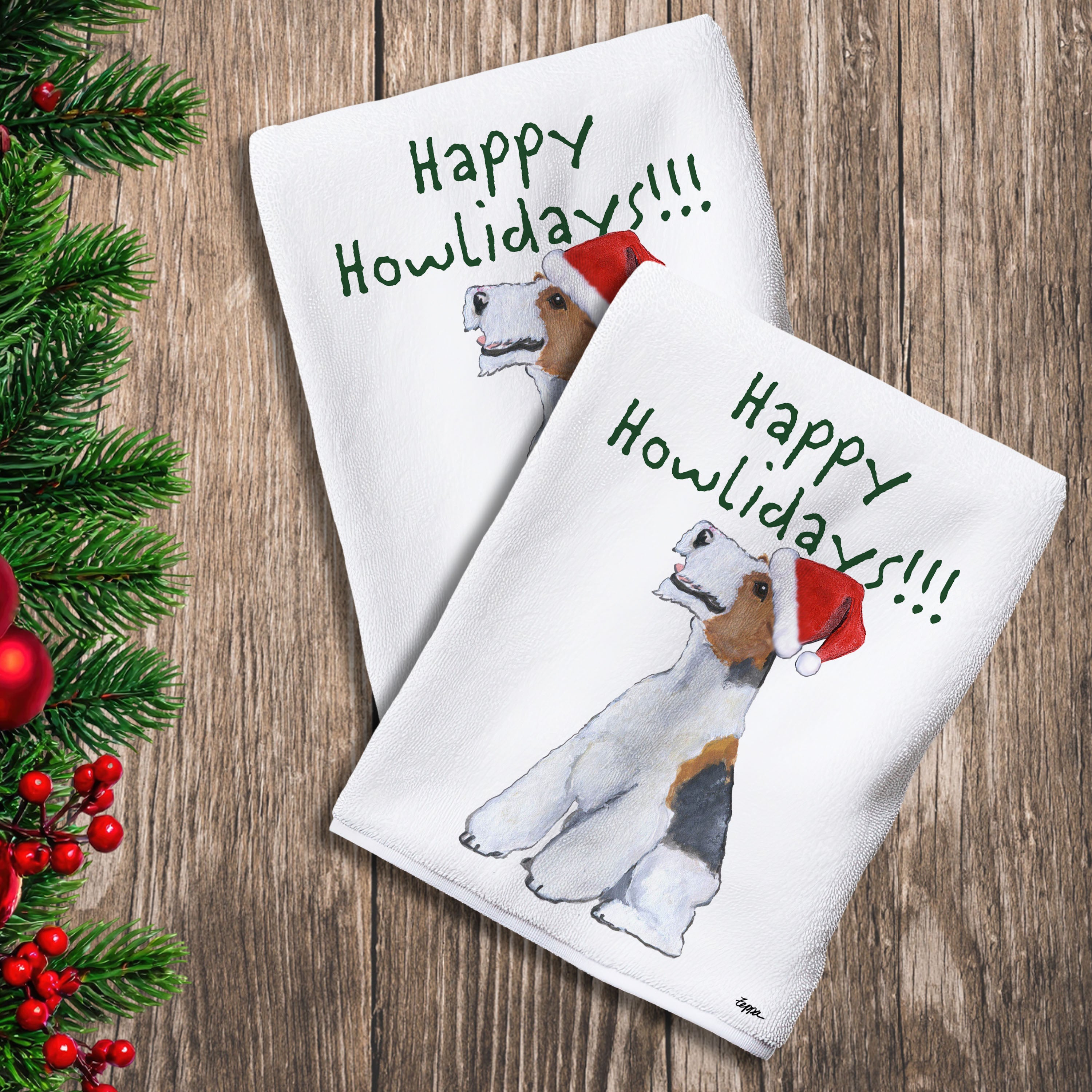 2 Kitchen Towels with a Wire Fox Terrier in a Santa Hat and Happy Howlidays text.