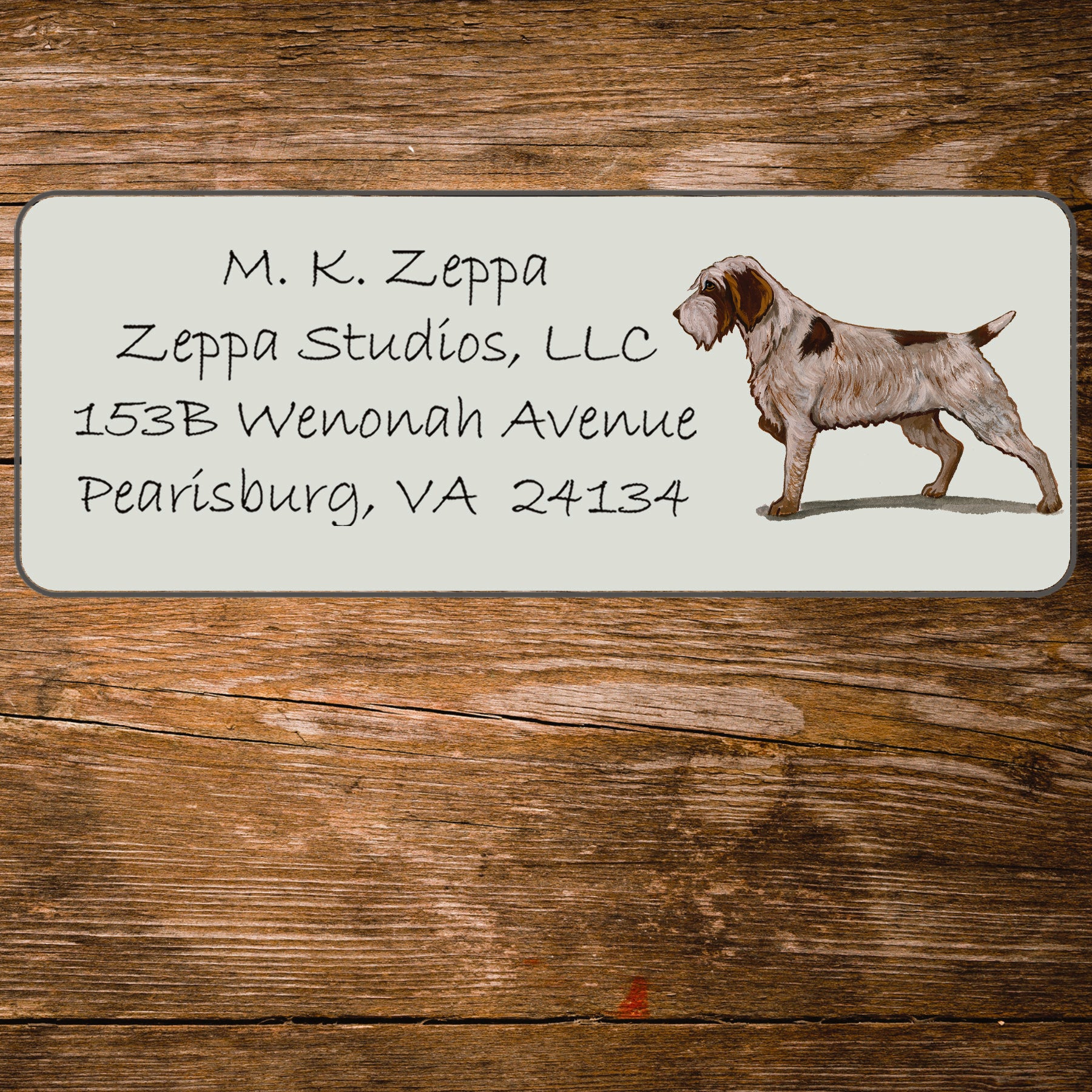 Return address label with a Wirehaired Pointing Griffon illustration.