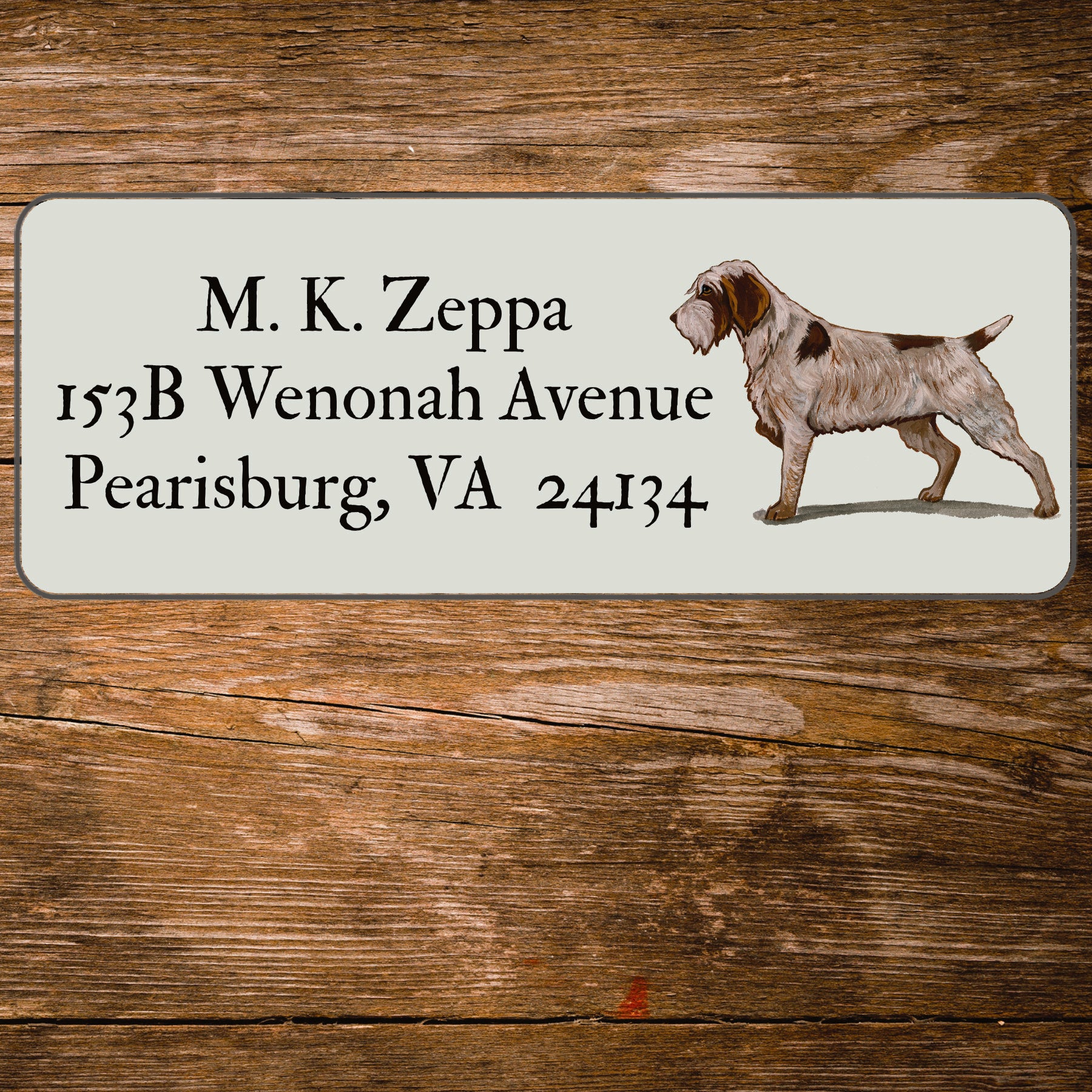 Return address label with a Wirehaired Pointing Griffon illustration.