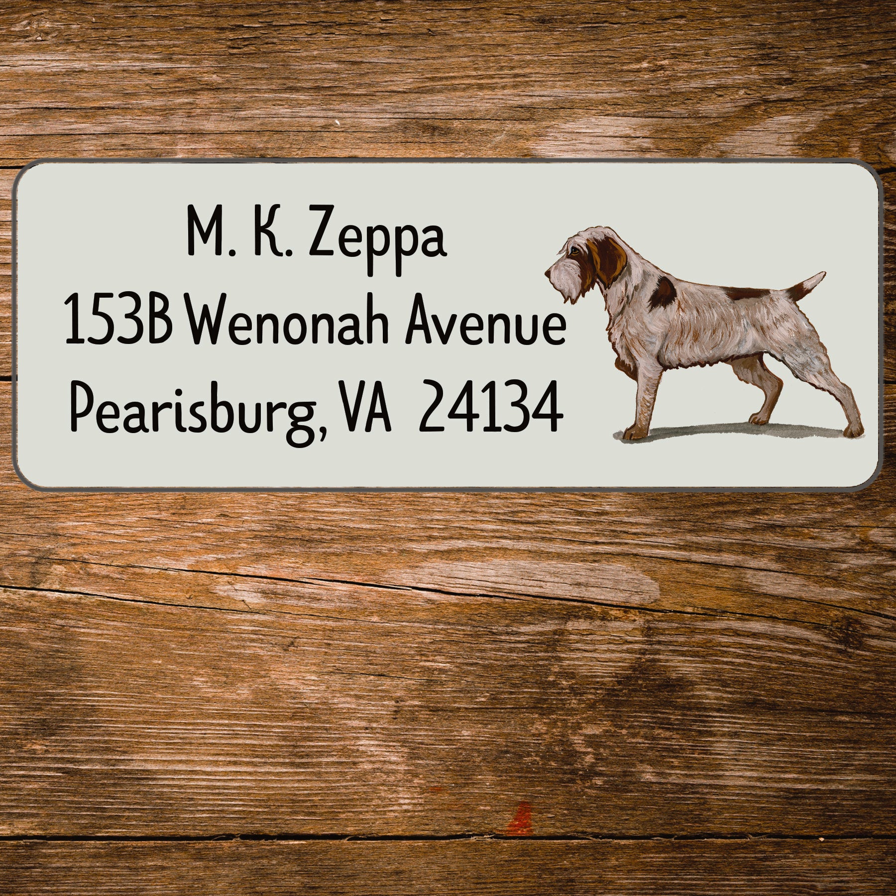 Return address label with a Wirehaired Pointing Griffon illustration.