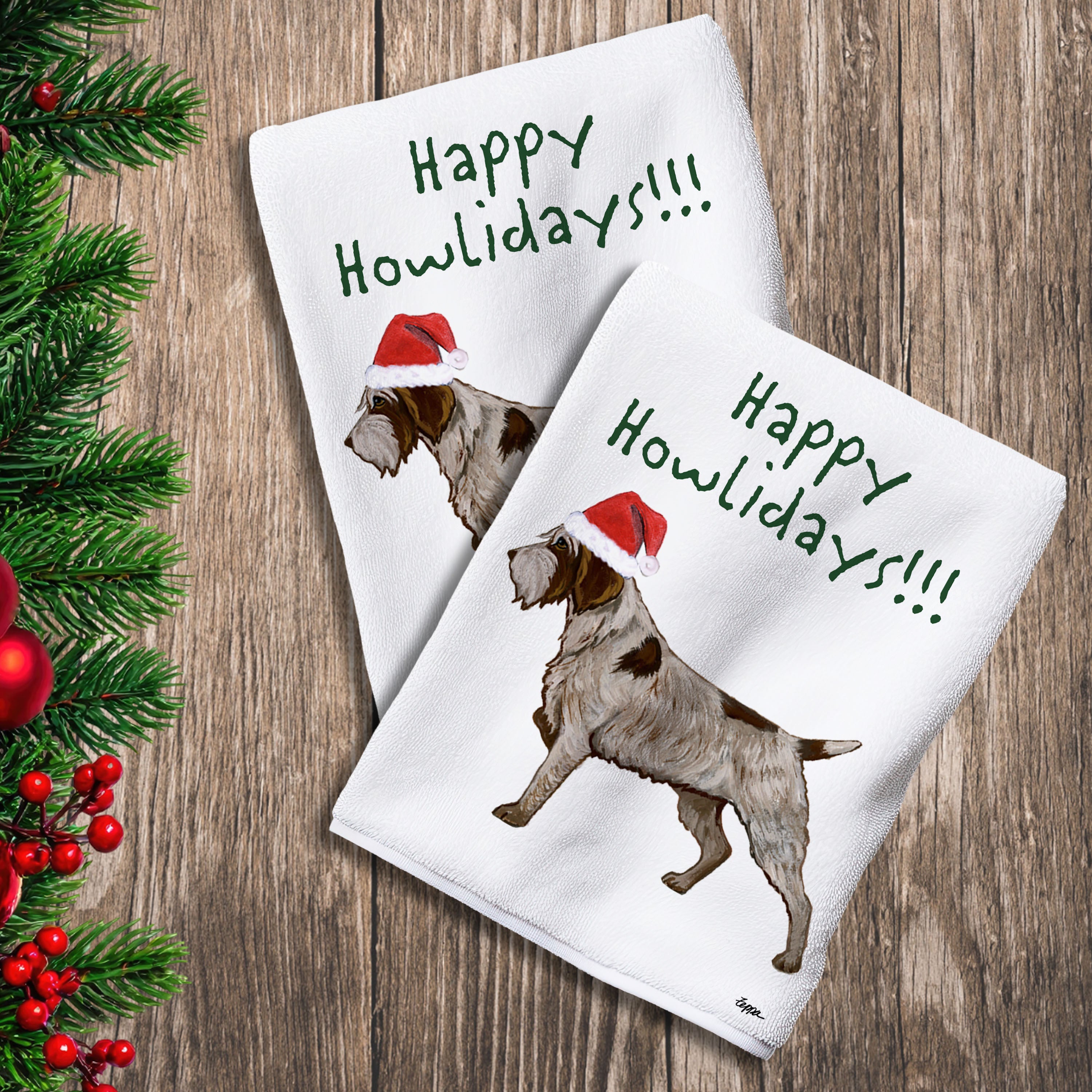 2 Kitchen Towels with a Wirehaired Pointing Griffon in a Santa Hat and Happy Howlidays text.