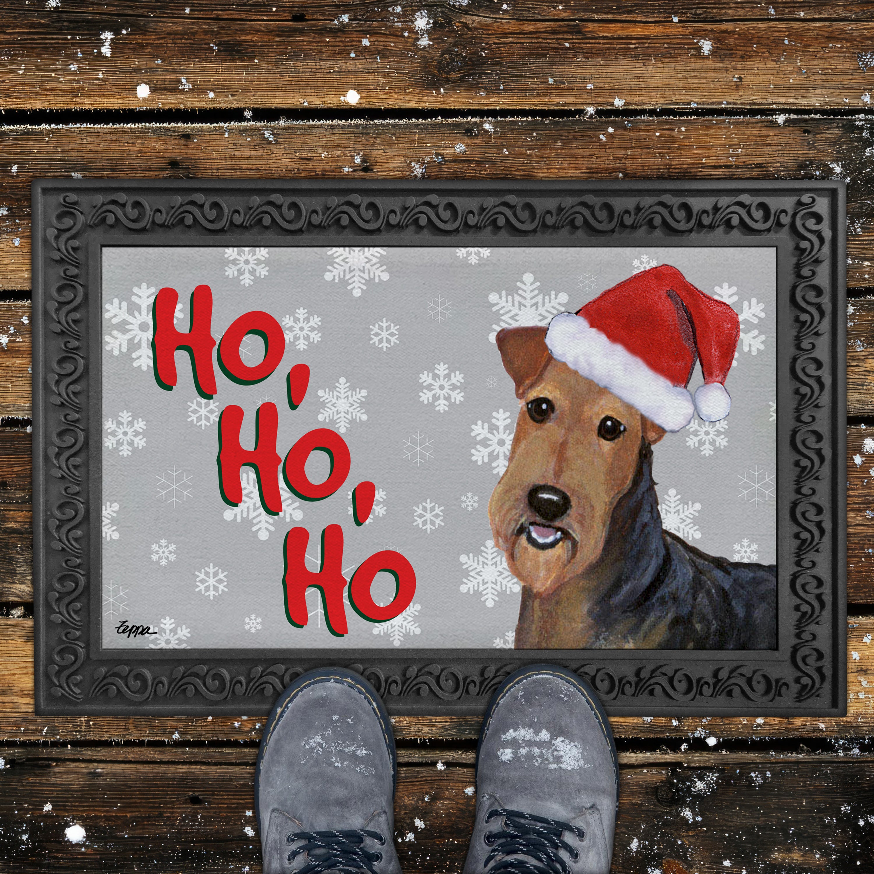 Airedale Ho Ho Ho Door Mat in Grey