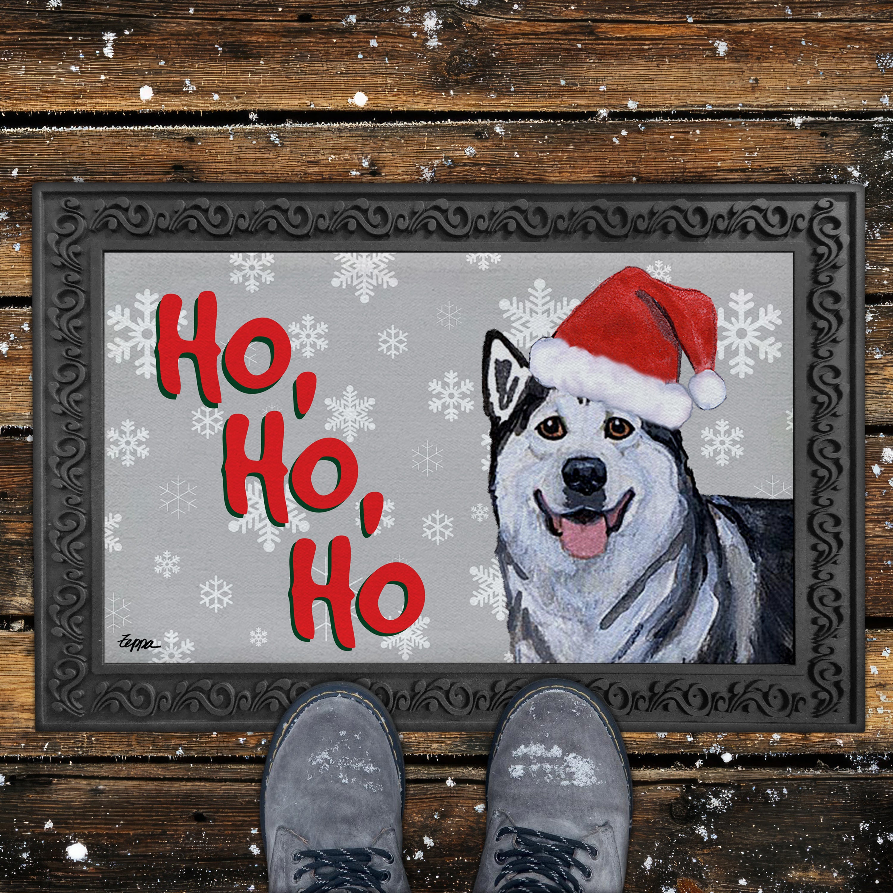 Alaskan Malamute Ho Ho Ho Door Mat in Grey