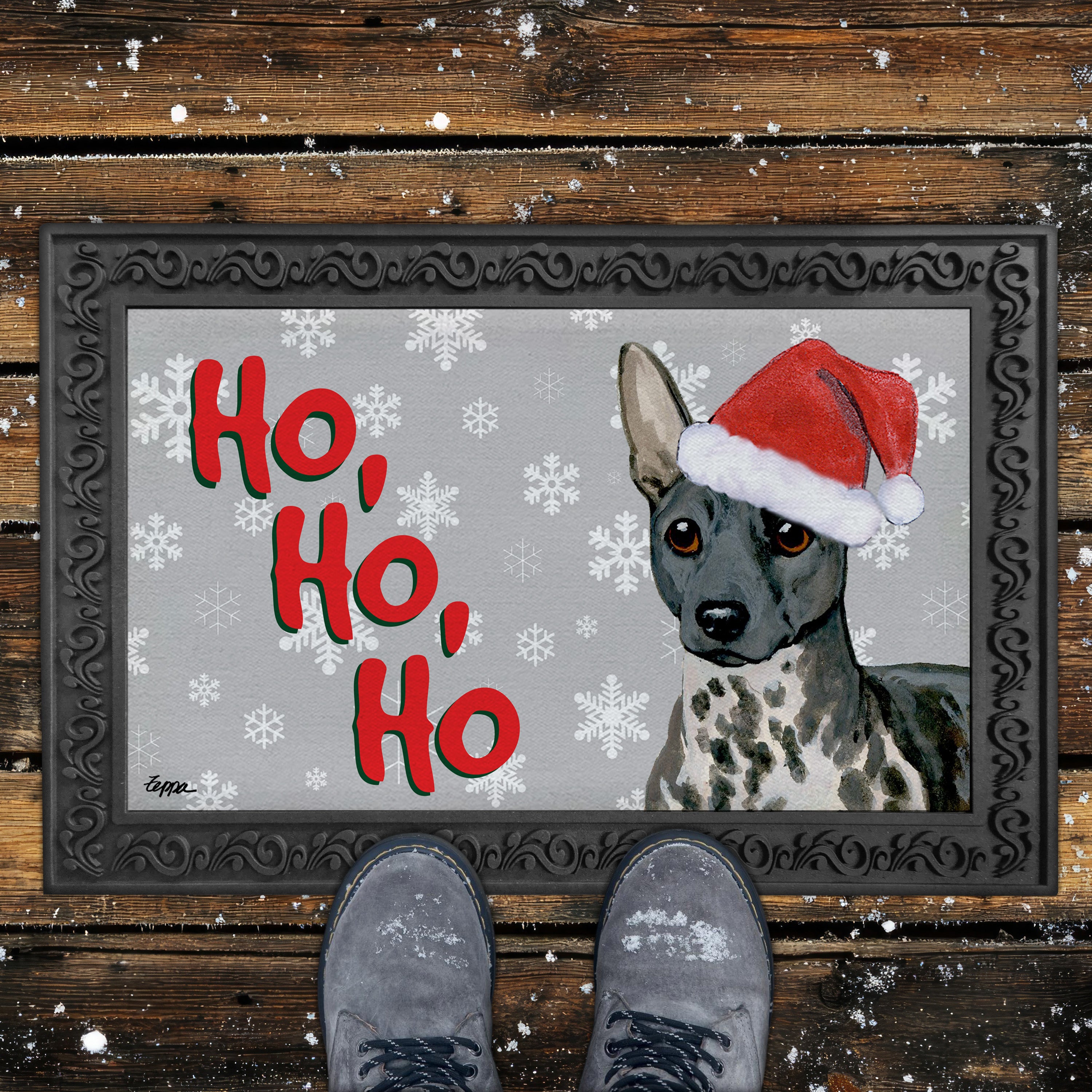 American Hairless Terrier Ho Ho Ho Door Mat in Grey