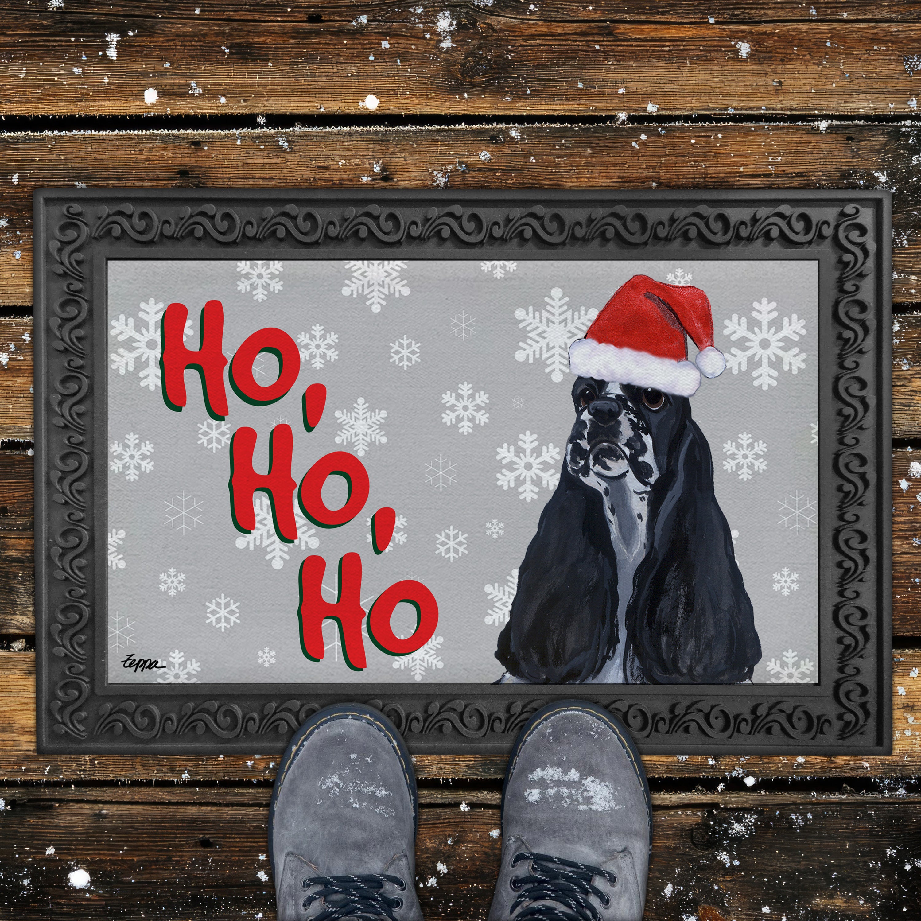 Black and White American Cocker Ho Ho Ho Door Mat in Grey