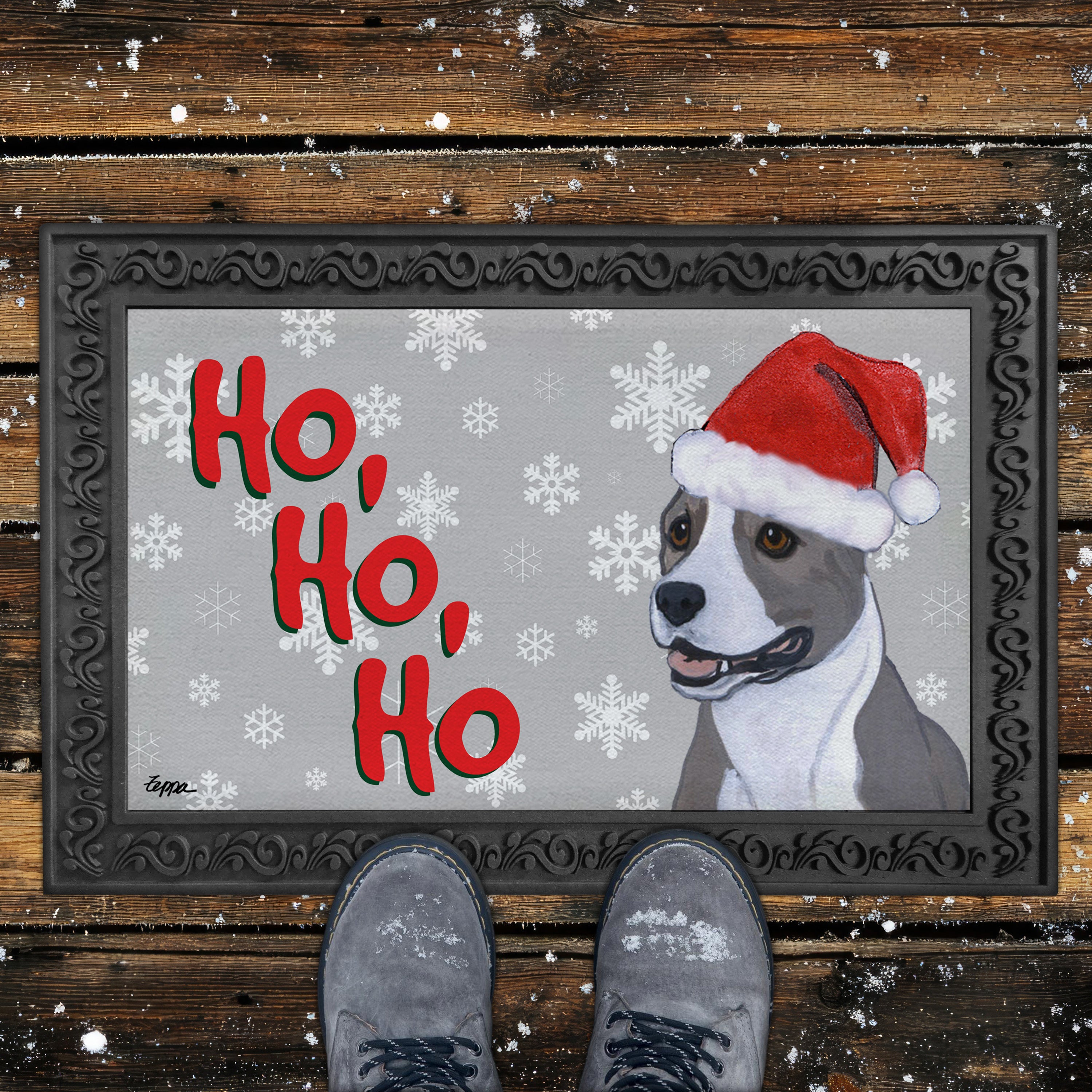 American Staffordshire Terrier Ho Ho Ho Door Mat in Grey