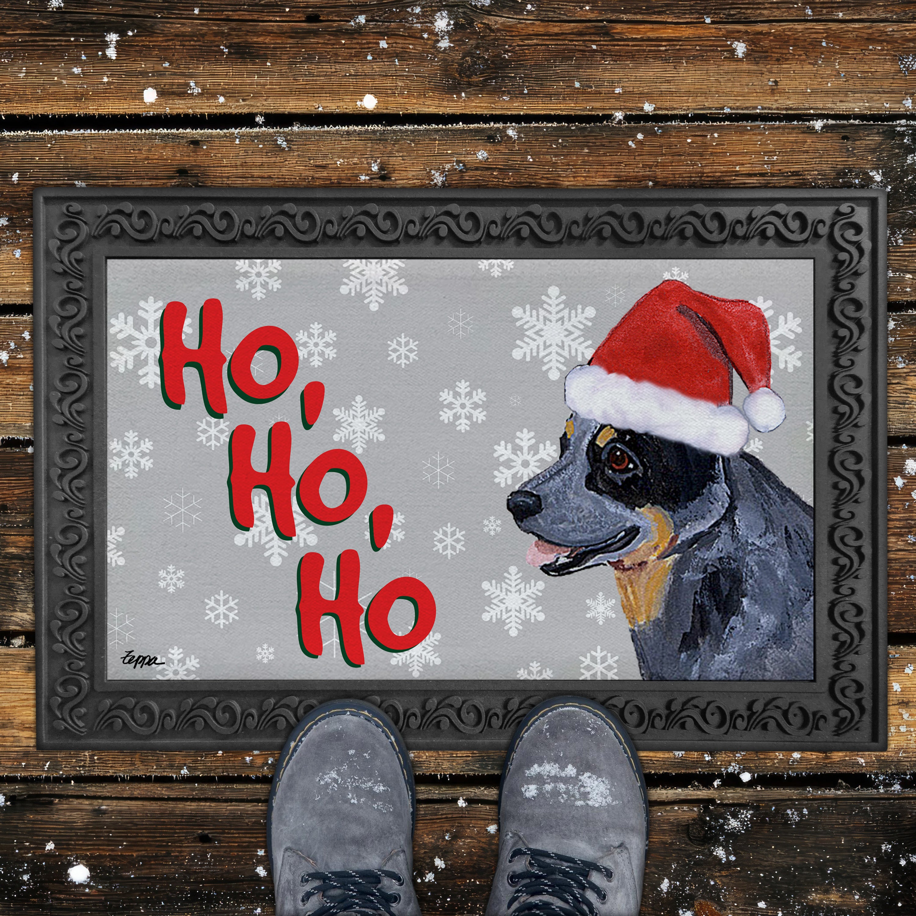 Australian Cattle Dog Ho Ho Ho Door Mat in Grey