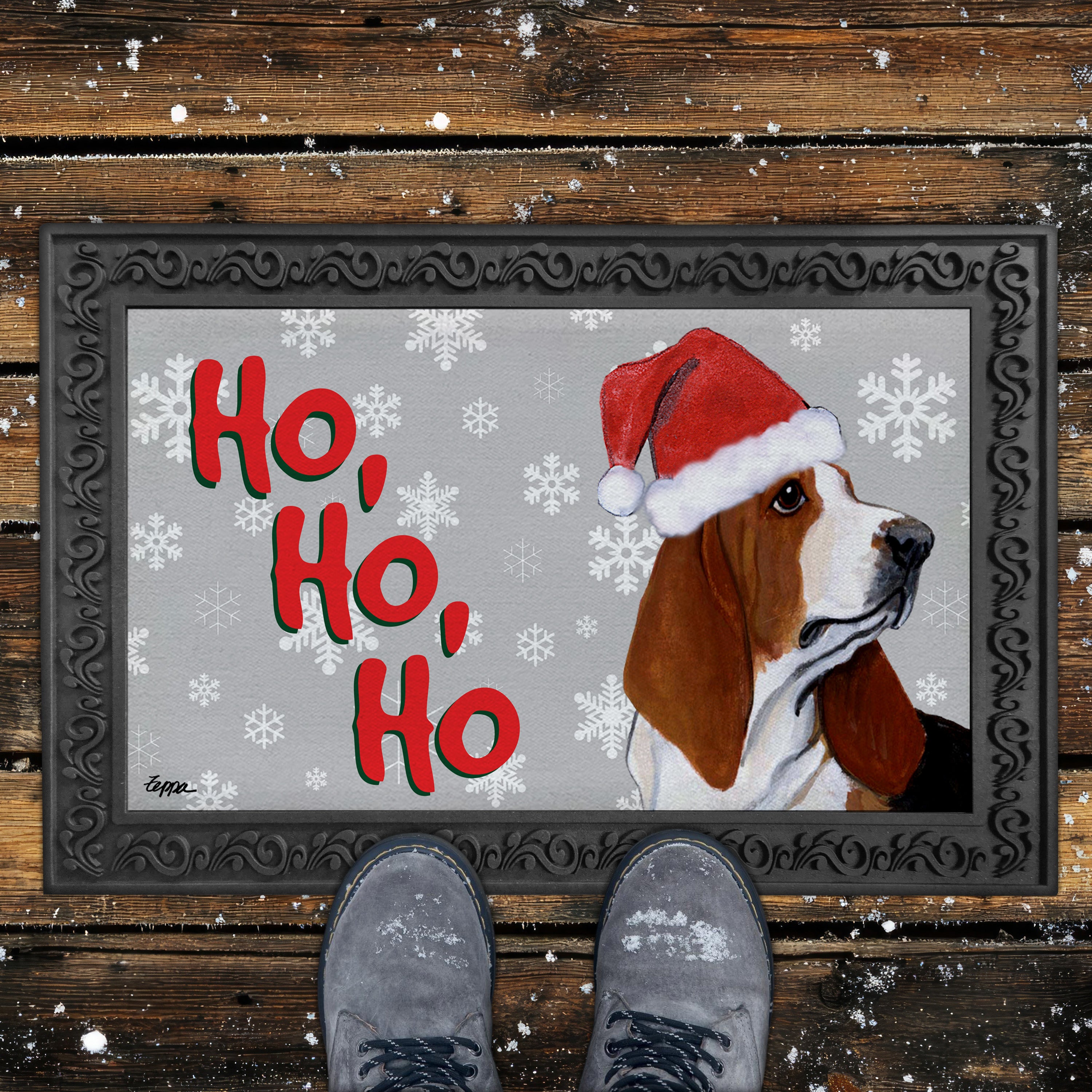 Basset Hound Ho Ho Ho Door Mat in Grey