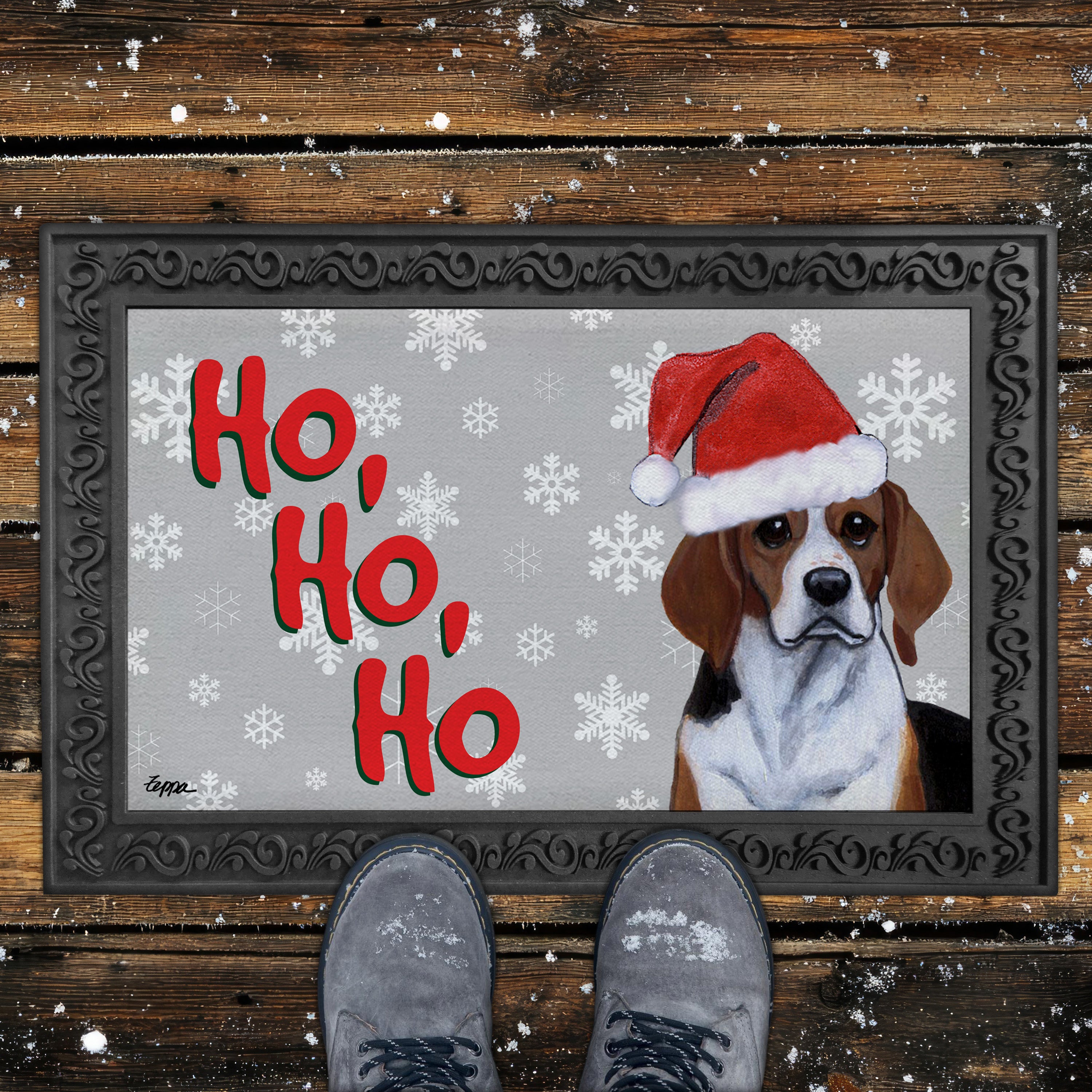 Beagle Ho Ho Ho Door Mat in Grey