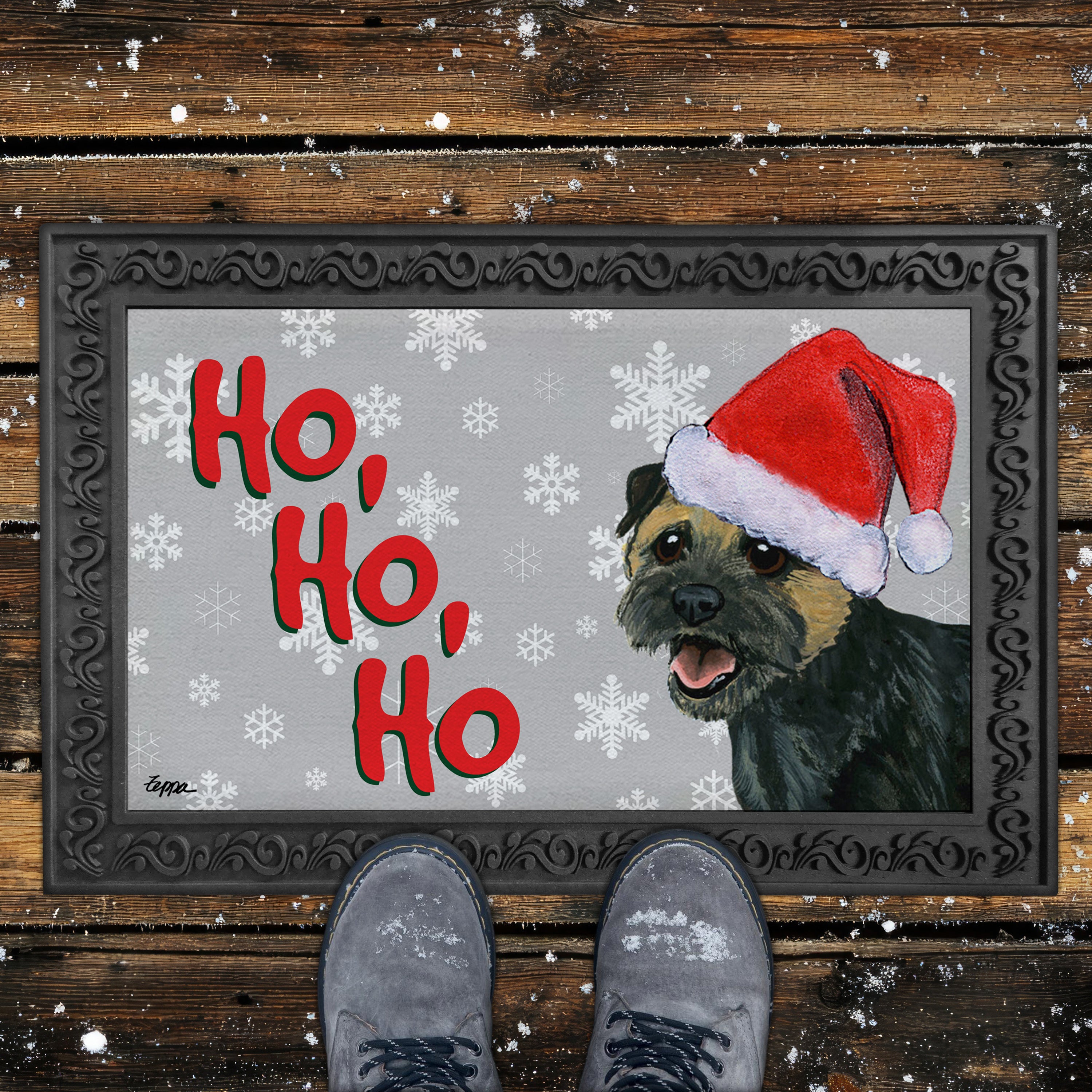 Black and Tan Border Terrier Ho Ho ho Door Mat in Grey