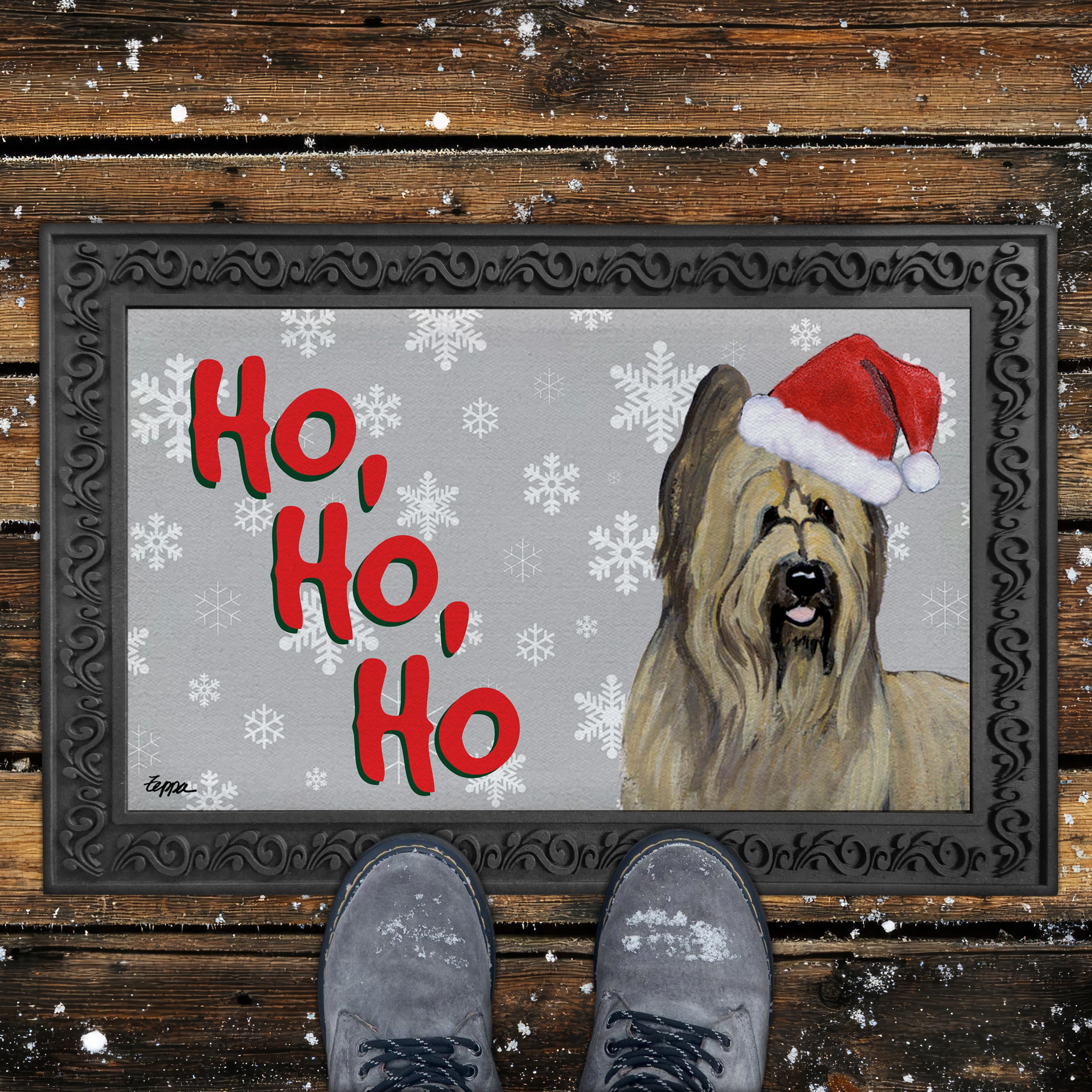 Briard Ho Ho Ho Door Mat in Grey