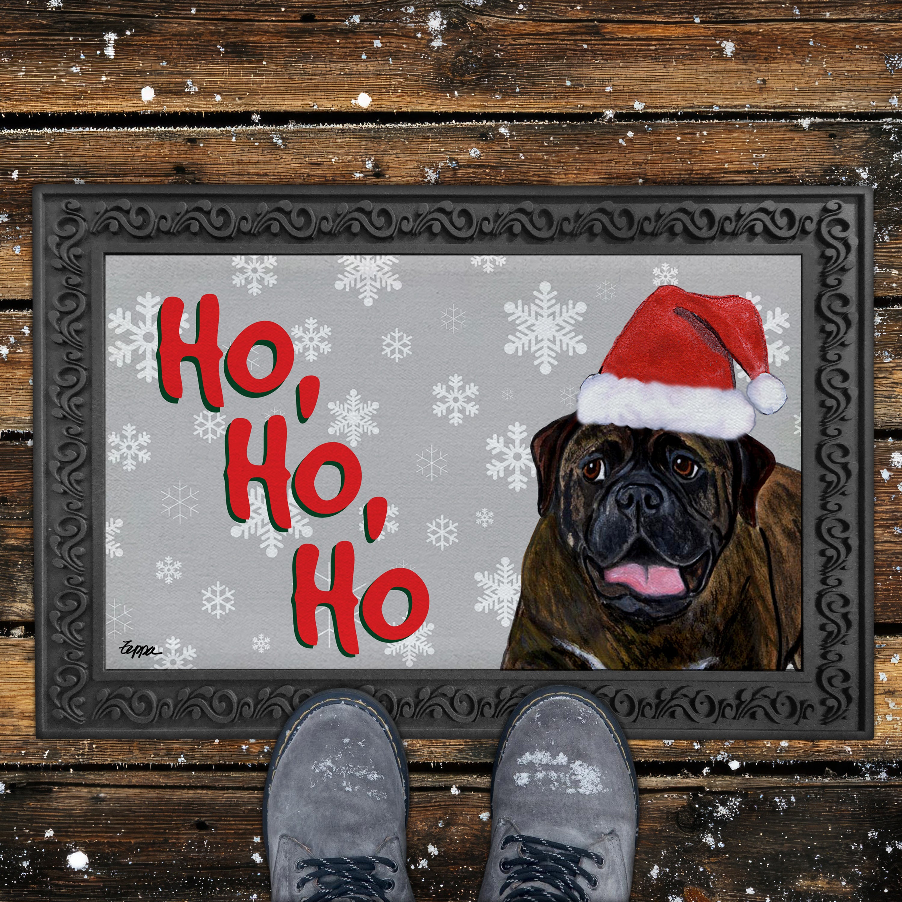 Bullmastiff Ho Ho Ho Door Mat in Grey