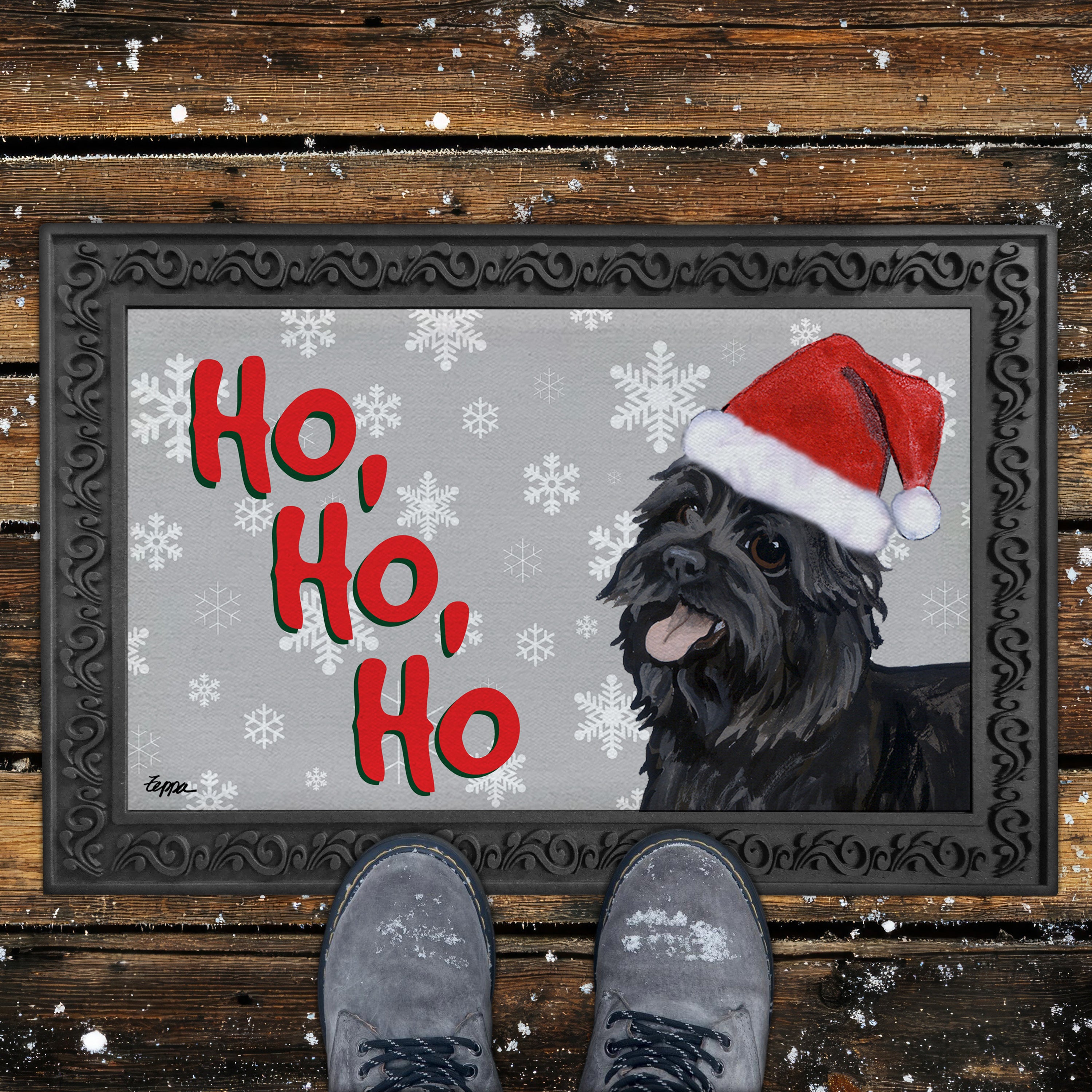 Black Cairn Terrier Ho Ho Ho Door Mat in Grey