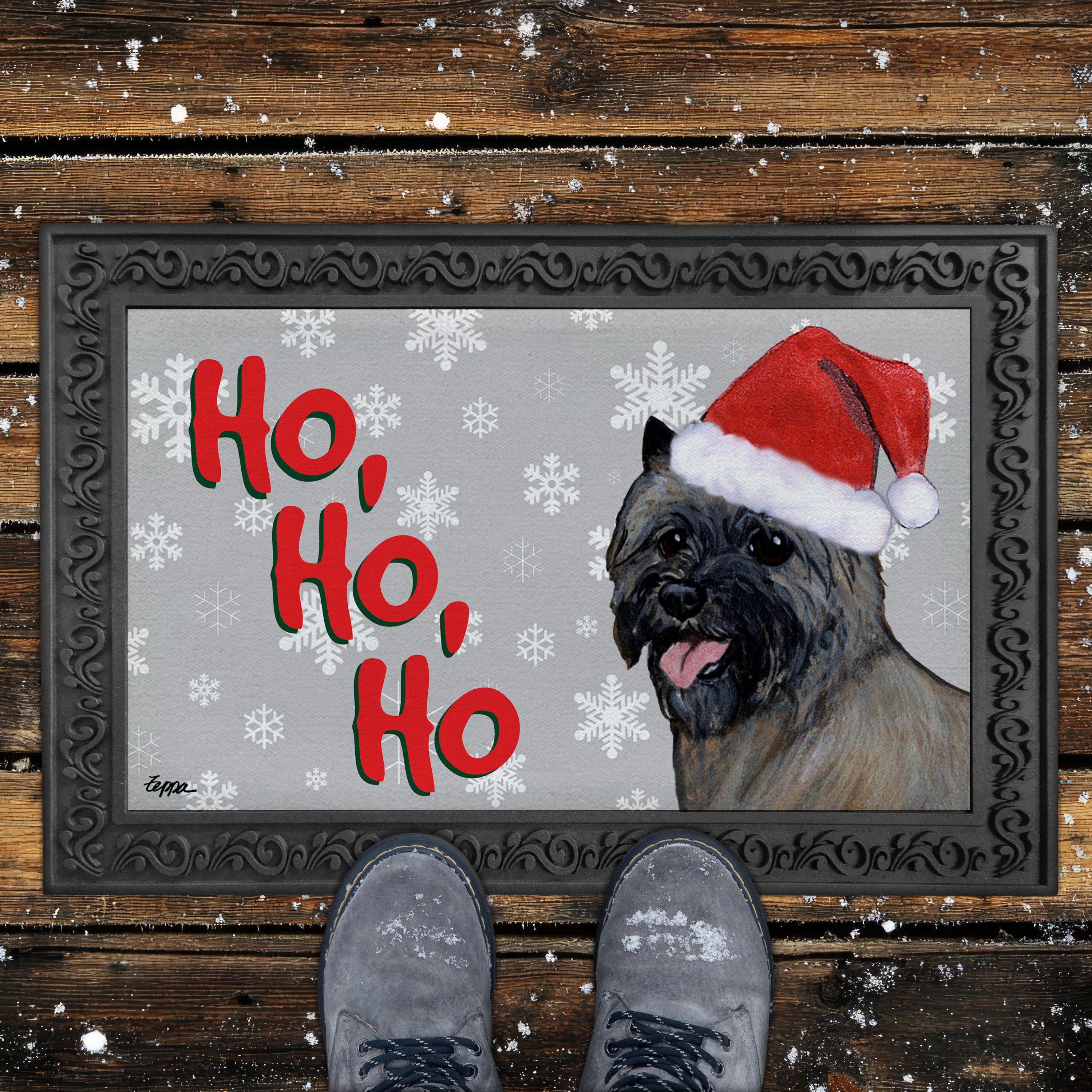 Cairn Terrier Ho Ho Ho Door Mat in Grey