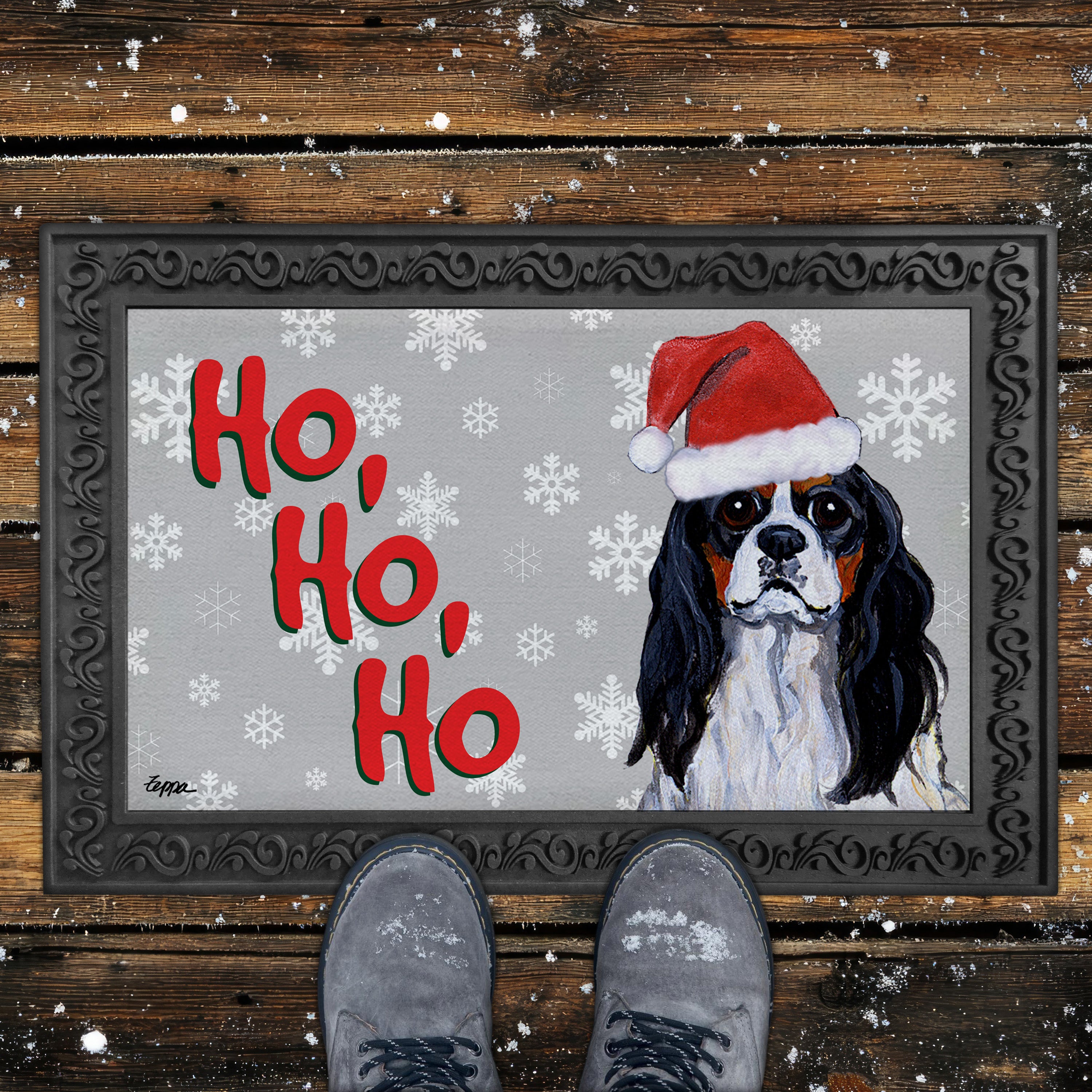 Tri Cavalier King Charles Spaniel Ho Ho Ho Door Mat in Grey