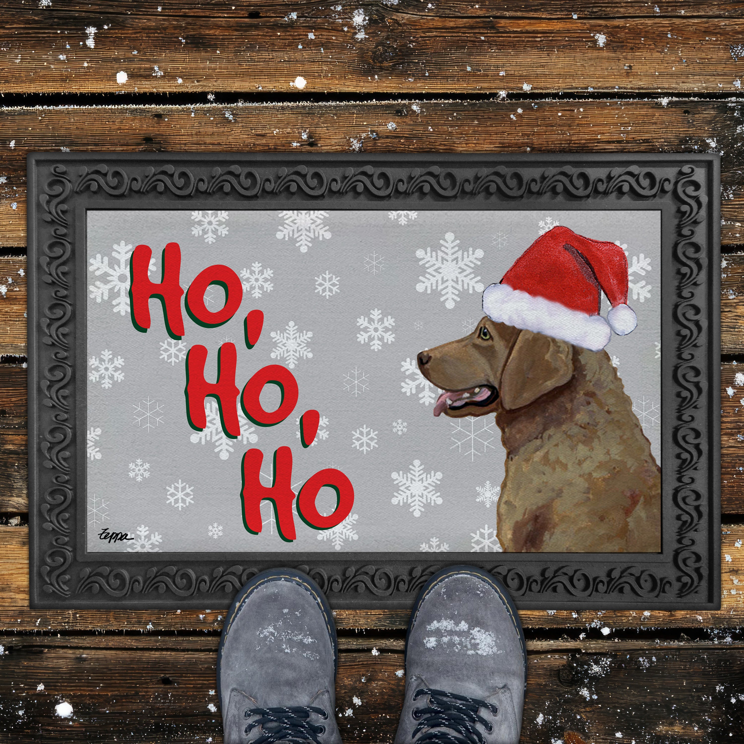 Chesapeake Bay Retriever Ho Ho Ho Door Mat in Grey