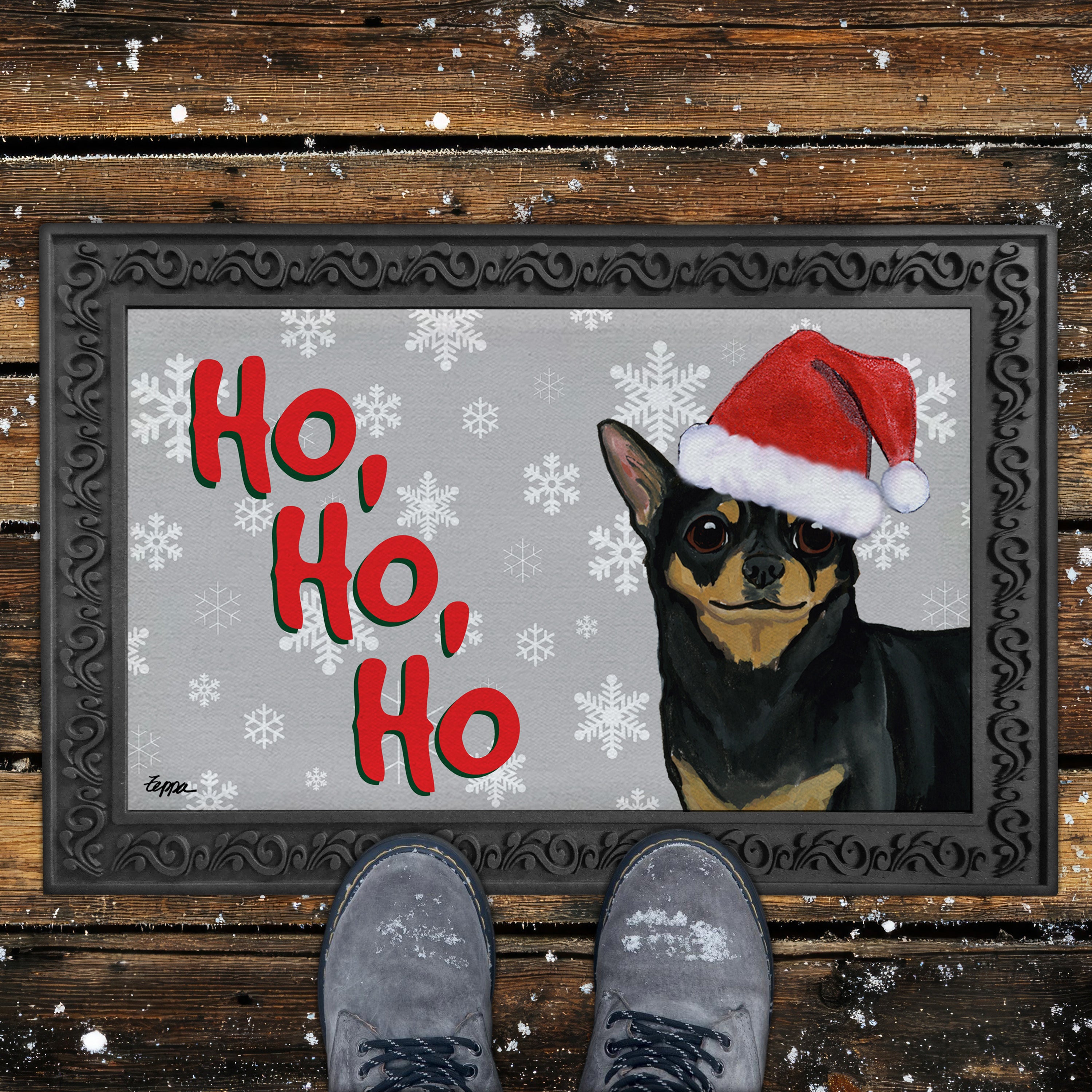 Black and Tan Chihuahua Ho Ho Ho Door Mat in Grey