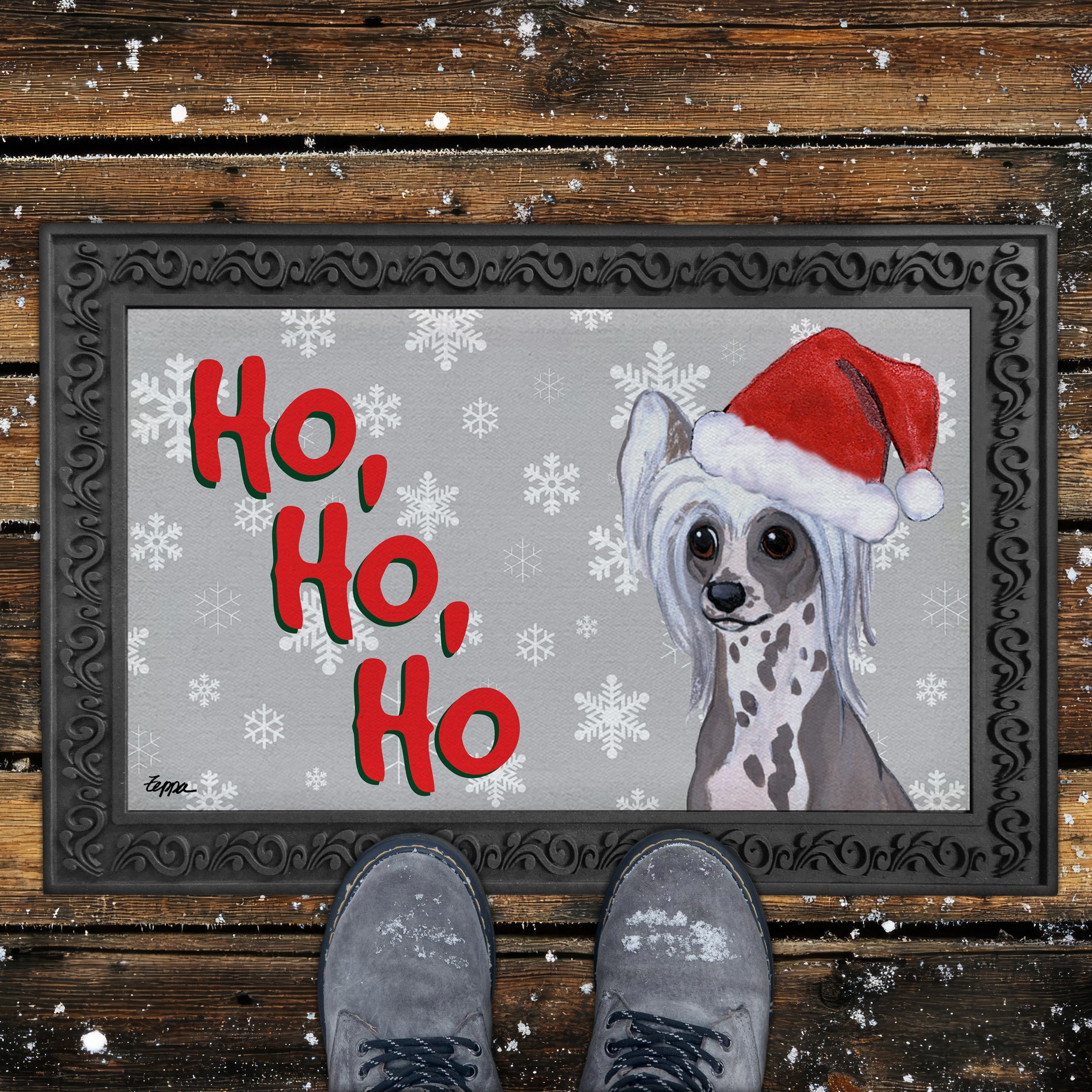 Chinese Crested Ho Ho Ho Door Mat in Grey