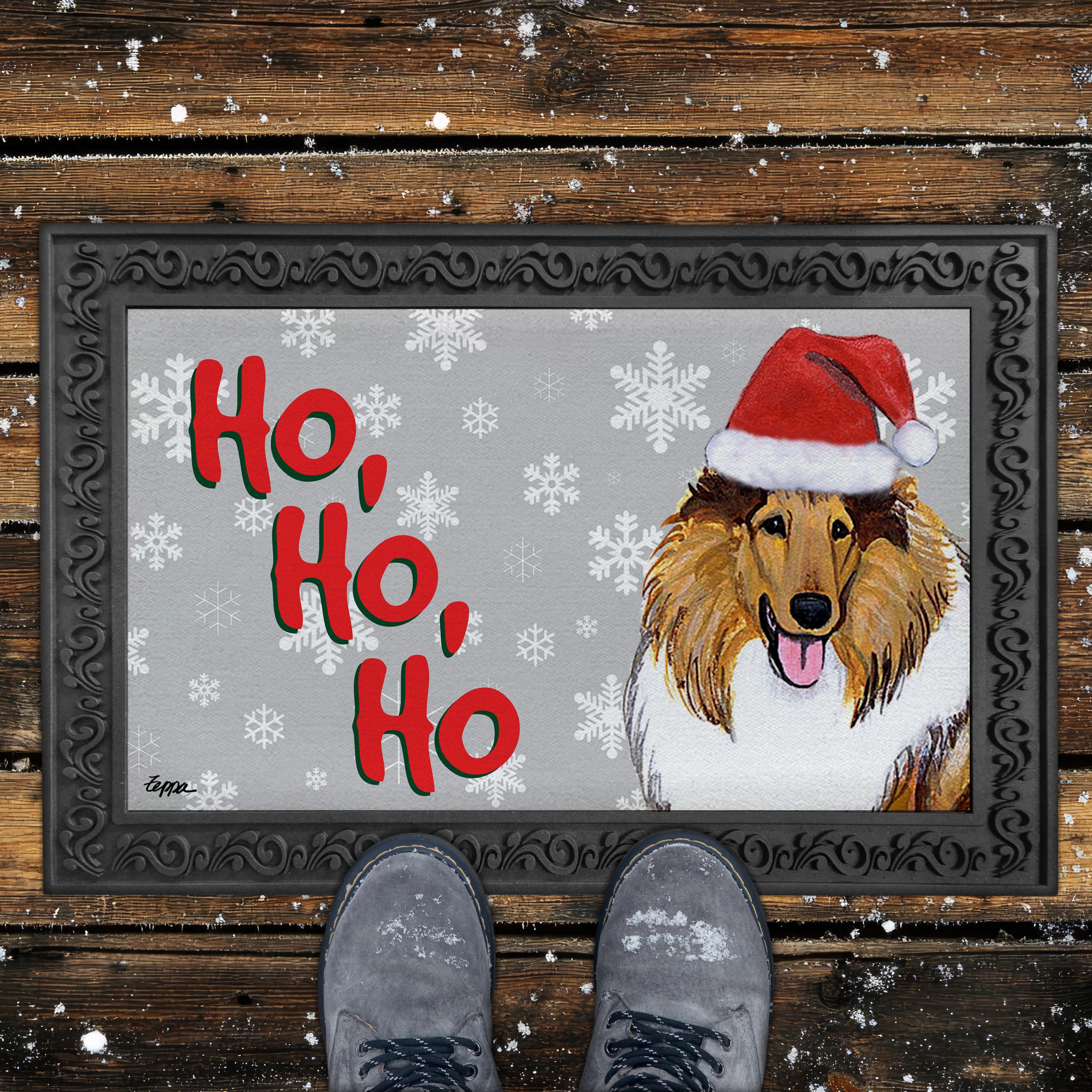 Collie Ho Ho Ho Door Mat in Grey