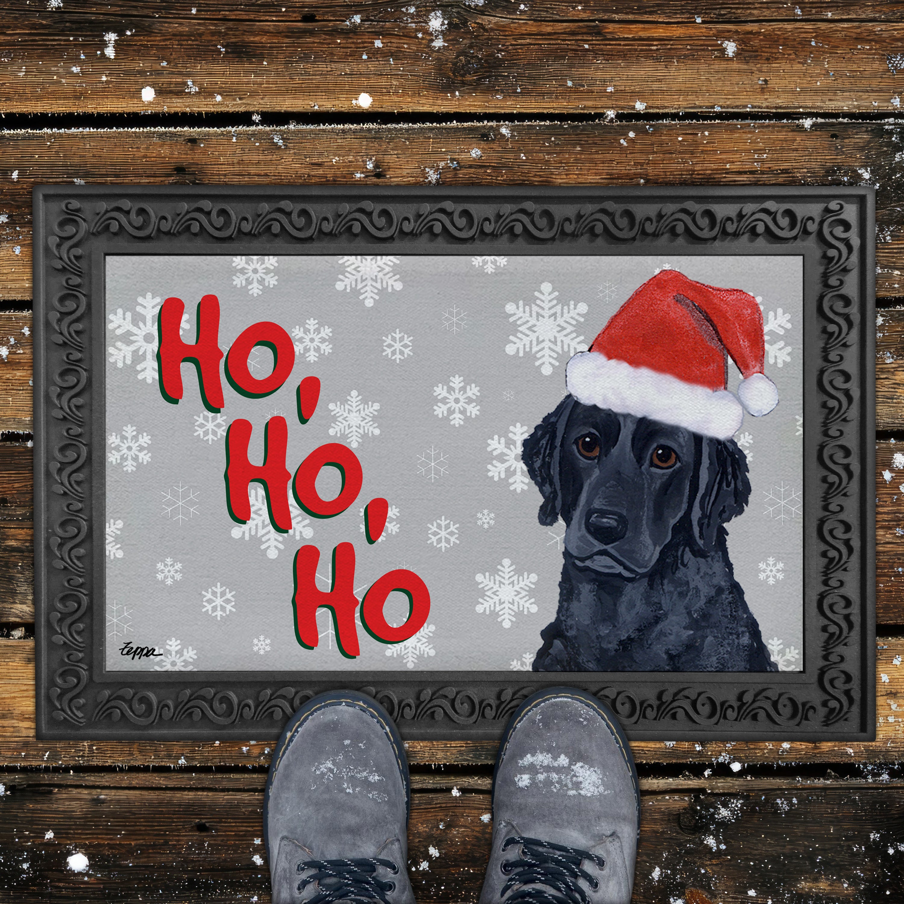 Curly Coated Retriever Ho Ho Ho Door Mat in Grey