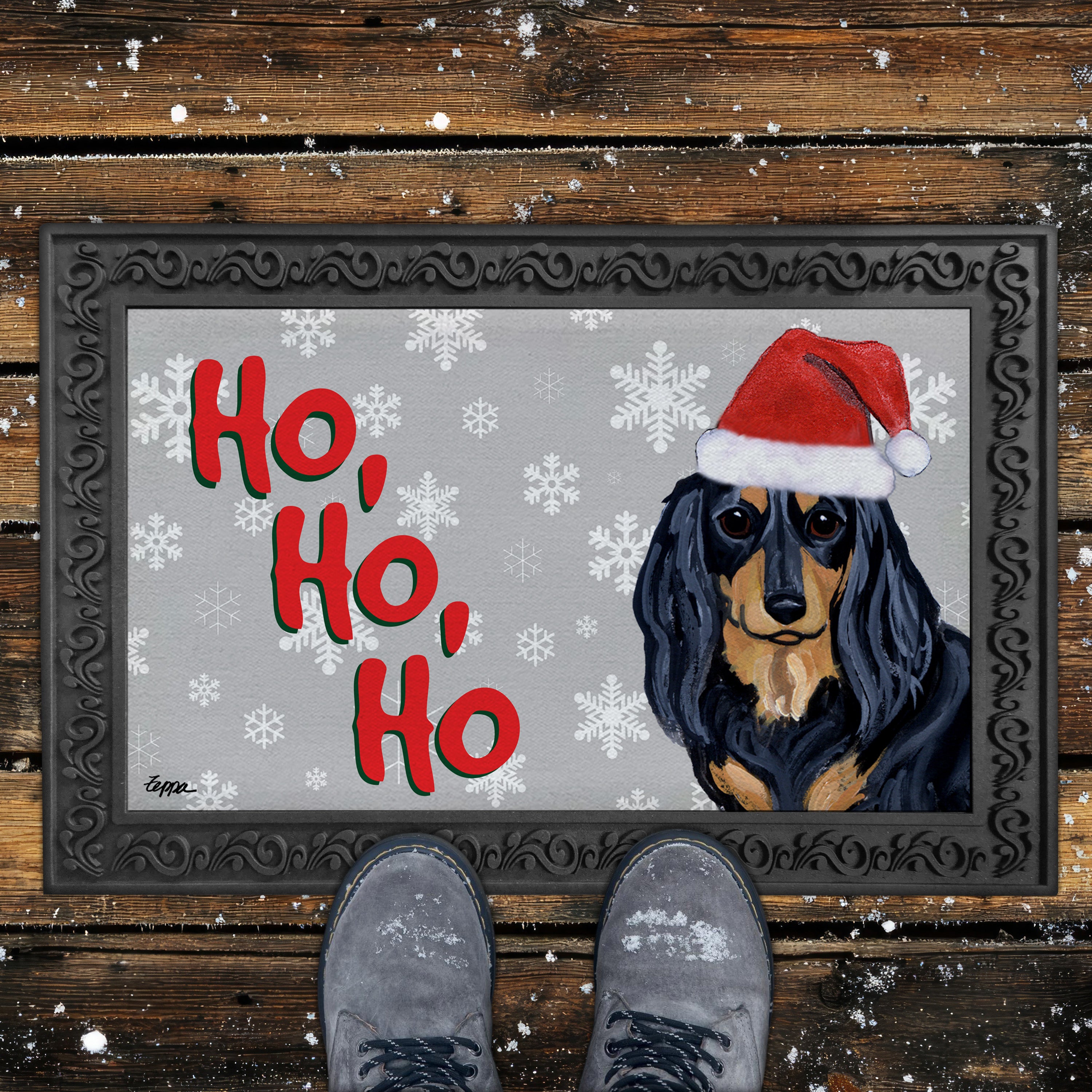 Longhaired Dachshund Ho Ho Ho Door Mat in Grey