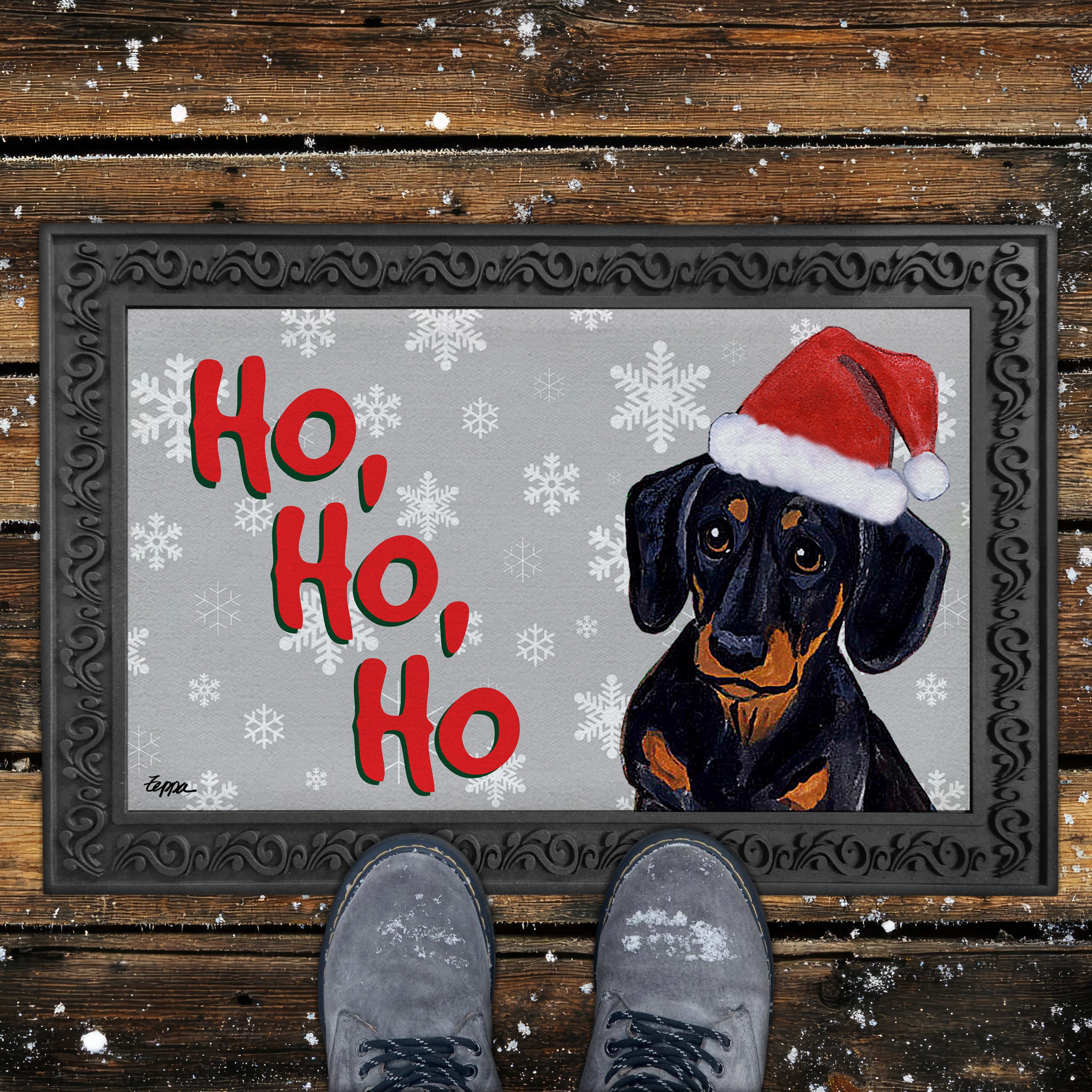 Dachshund Ho Ho Ho Door Mat in Grey