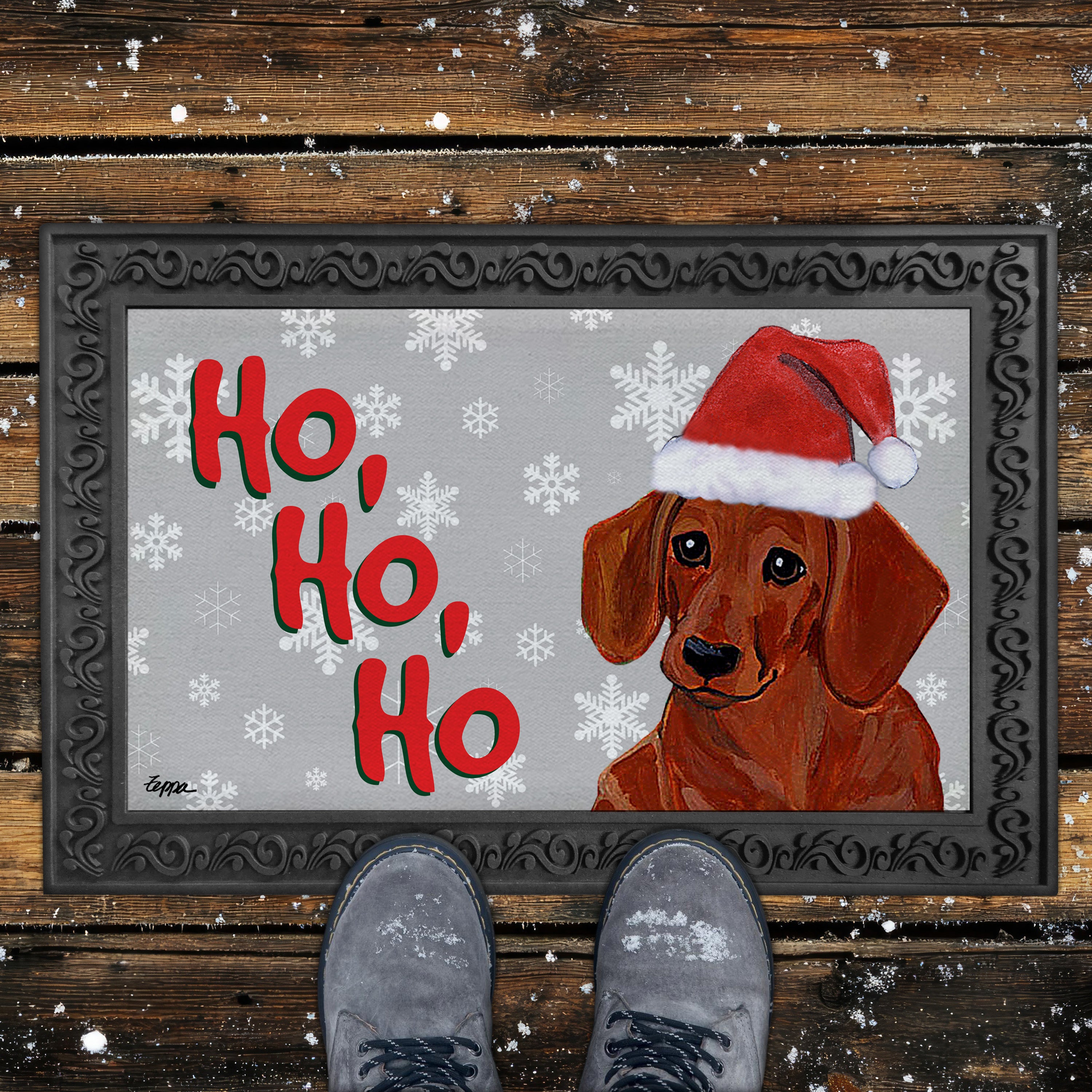 Red Dachshund Ho Ho Ho Door Mat in Grey