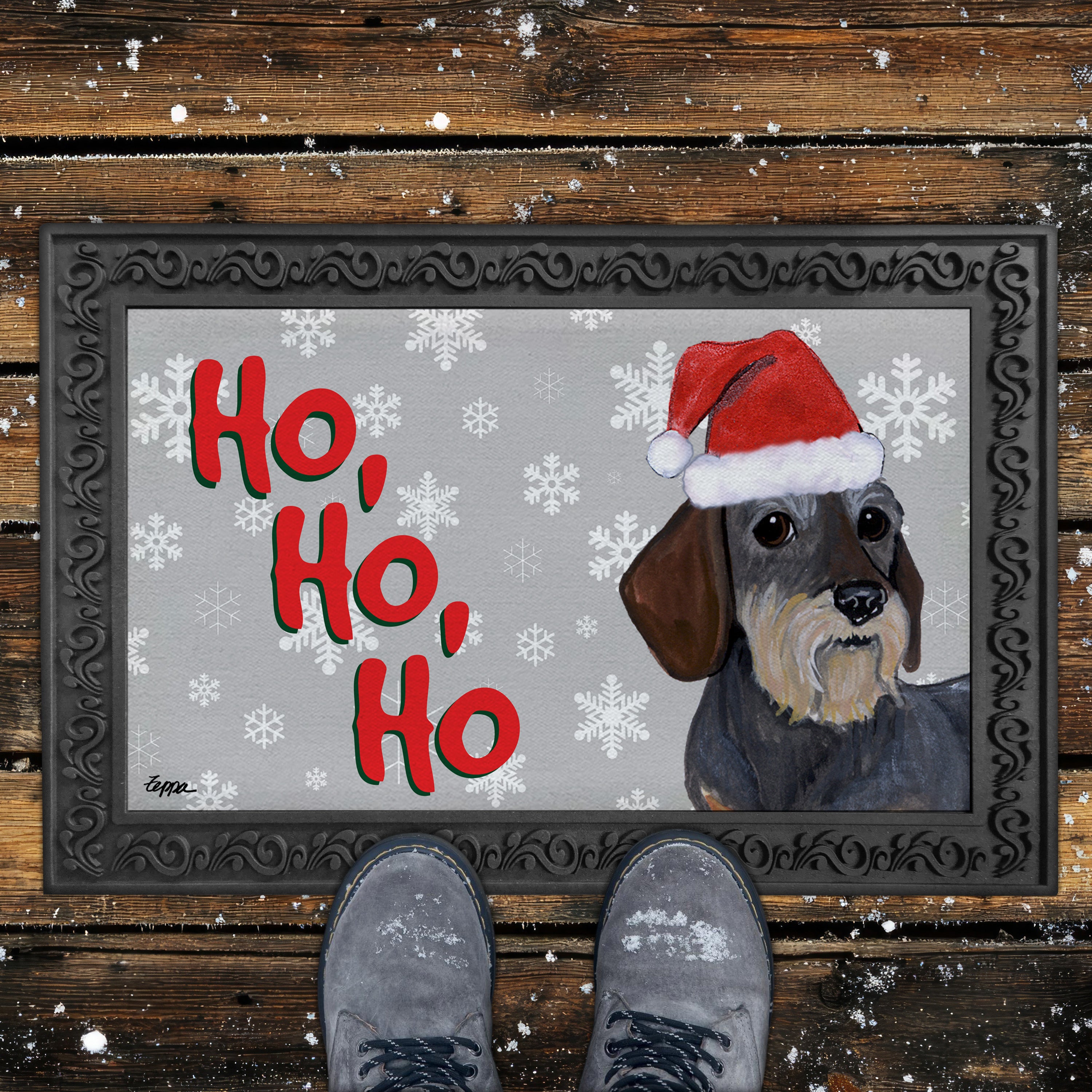 Wirehaired Dachshund Ho Ho Ho Door Mat in Grey