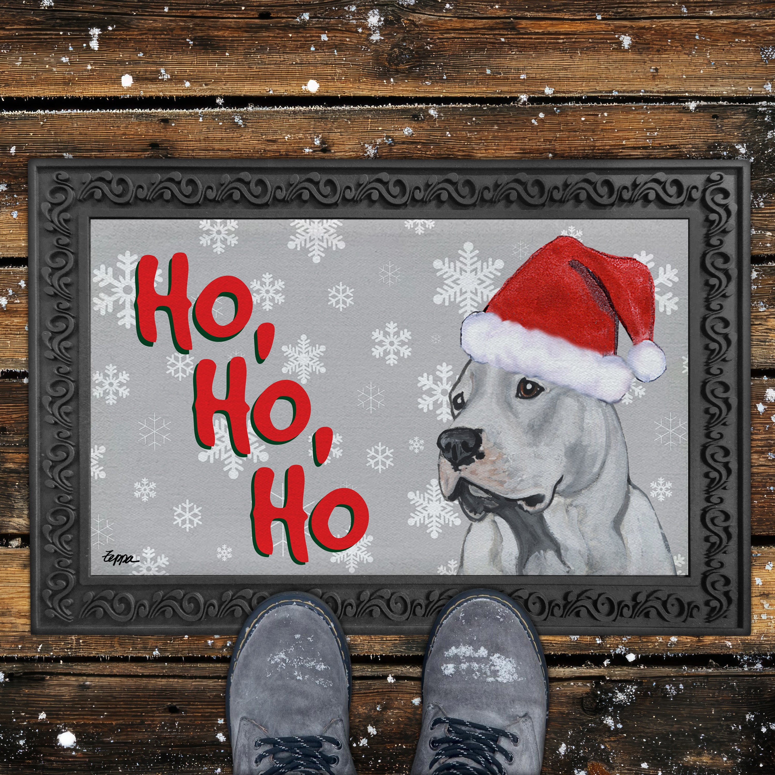 Dogo Argentino  Ho Ho Ho Door Mat in Grey