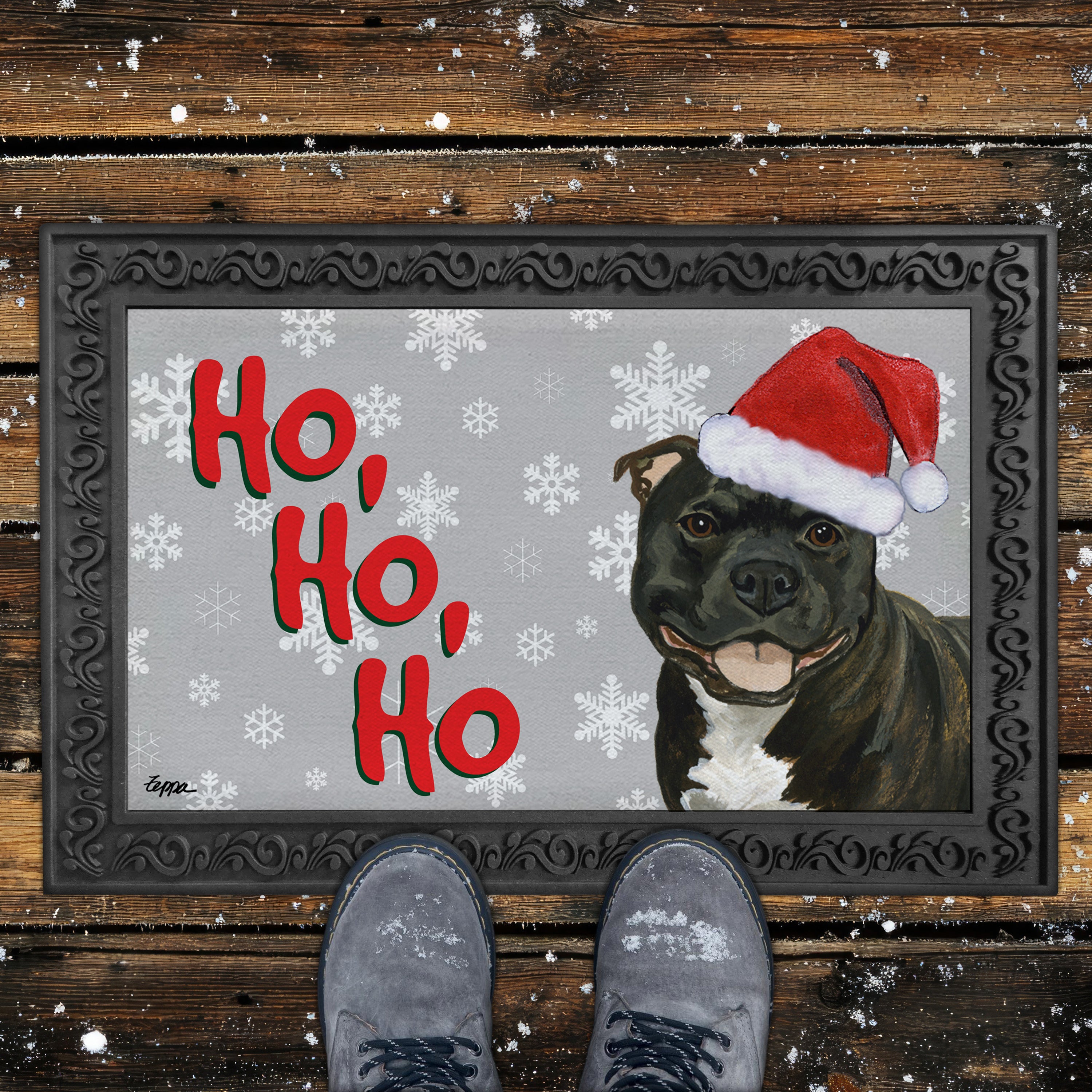 Brindle Staffordshire Bull Terrier Ho Ho Ho Door Mat in Grey