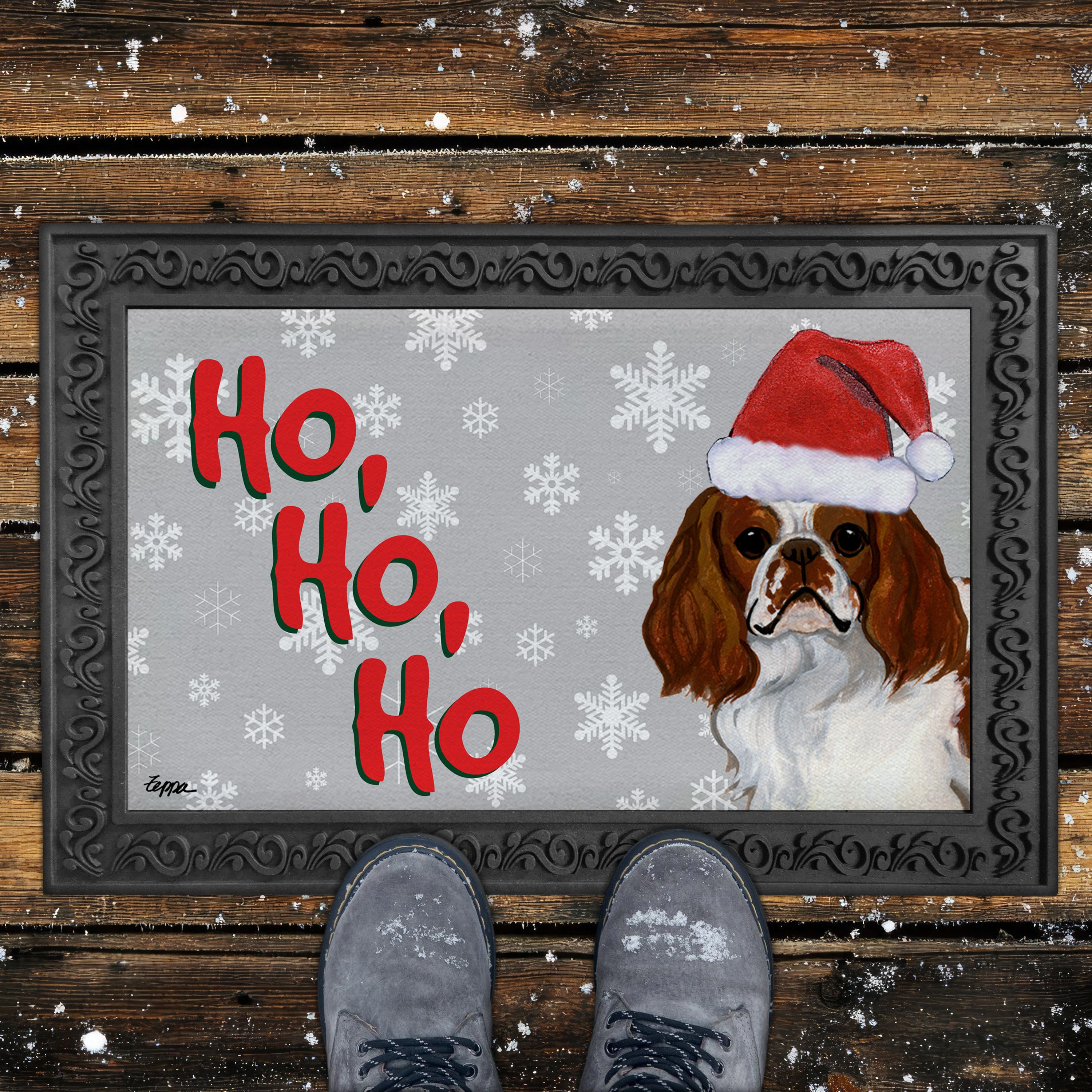 English Toy Spaniel Ho Ho Ho Door Mat in Grey
